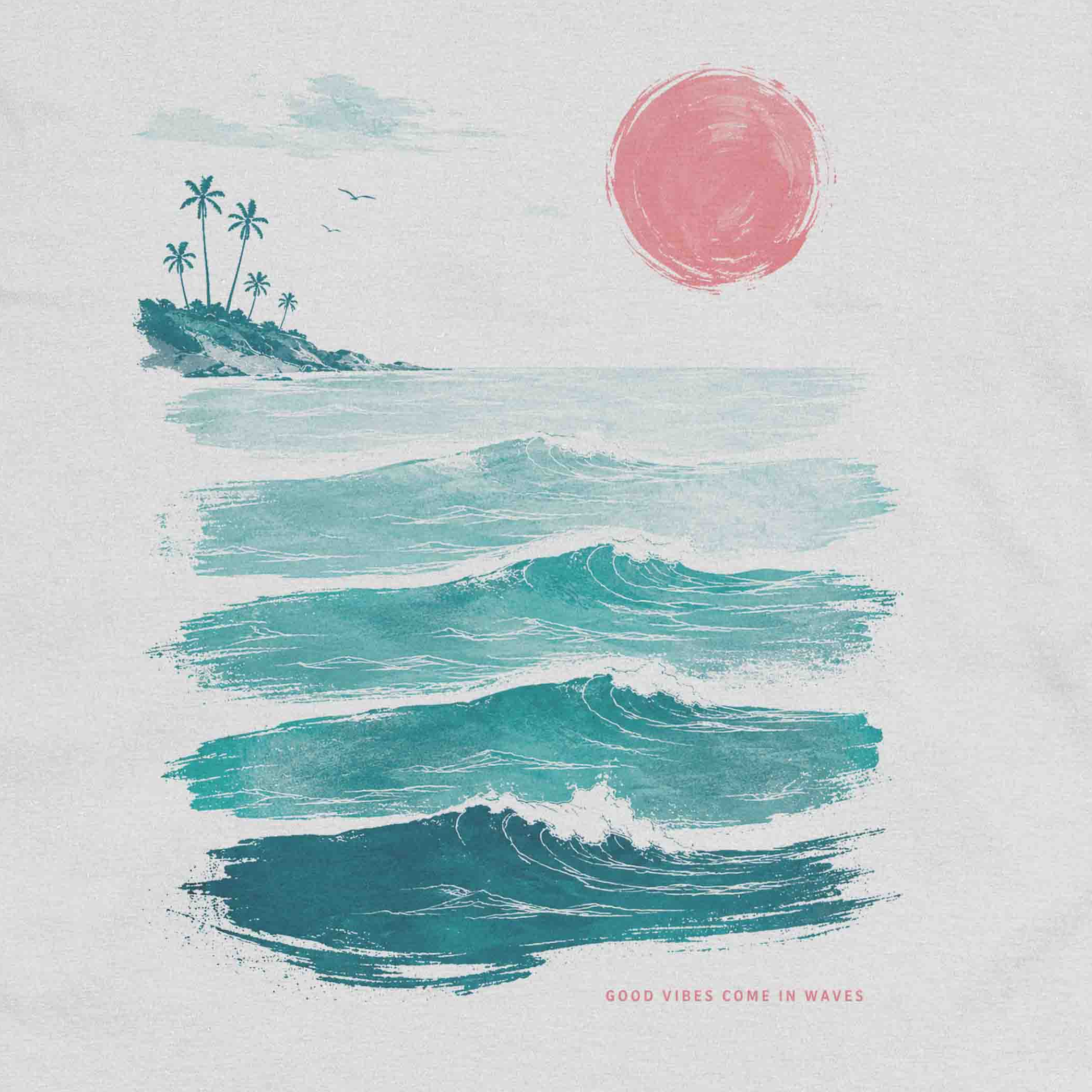 Men’s graphic T Shirt showing calm ocean waves, island palms, and beach sunset art.