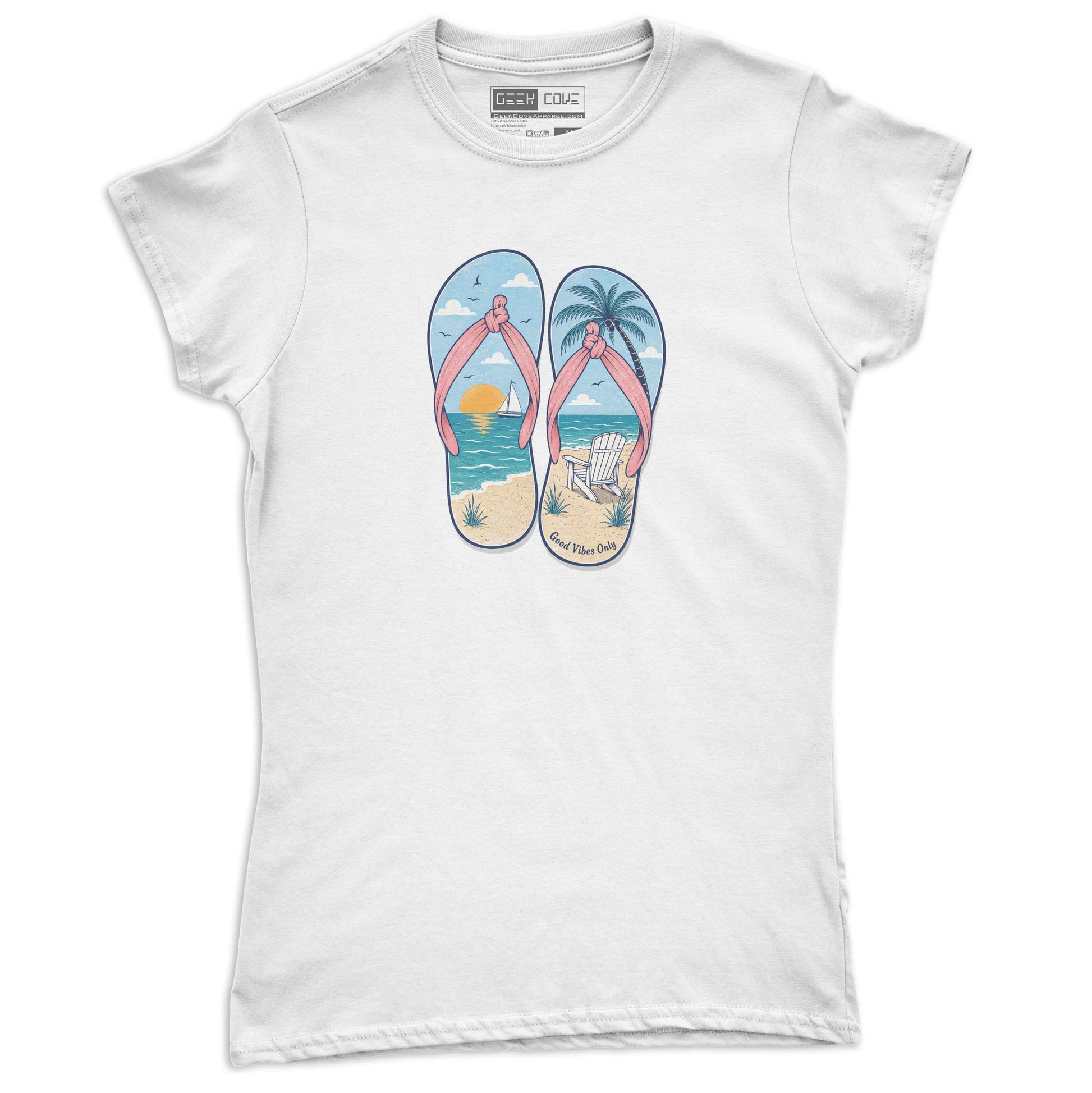 Soft women’s custom T shirt with tropical sandals, ocean sunset, palm tree, and beach chair scene