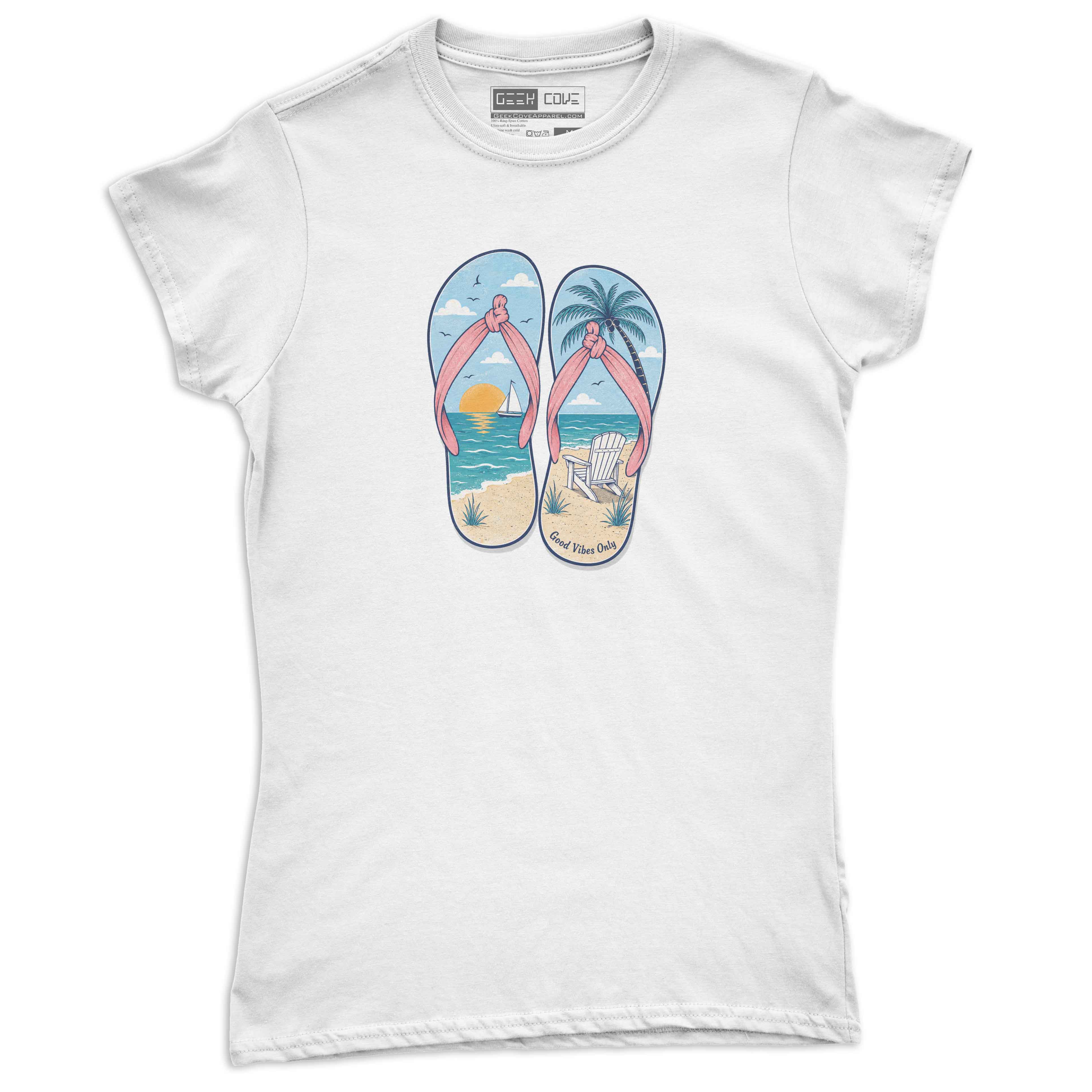 Soft women’s custom T shirt with tropical sandals, ocean sunset, palm tree, and beach chair scene