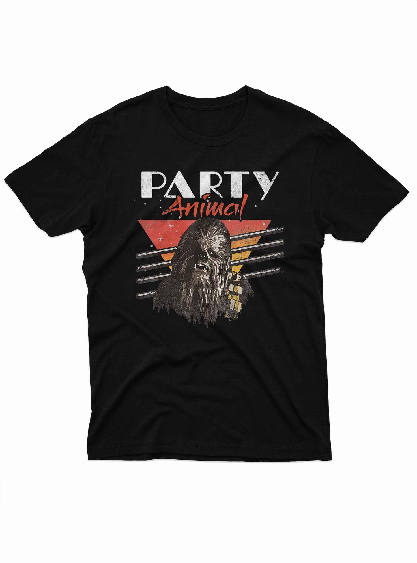 a large, hairy wookiee-like creature growling at the center, with the words “party animal” in distressed white and red font.