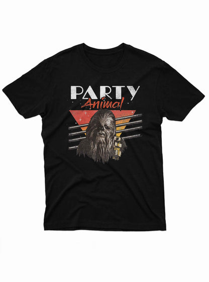 A large, hairy Wookiee-like creature growling at the center, with the words “Party Animal” in distressed white and red font.