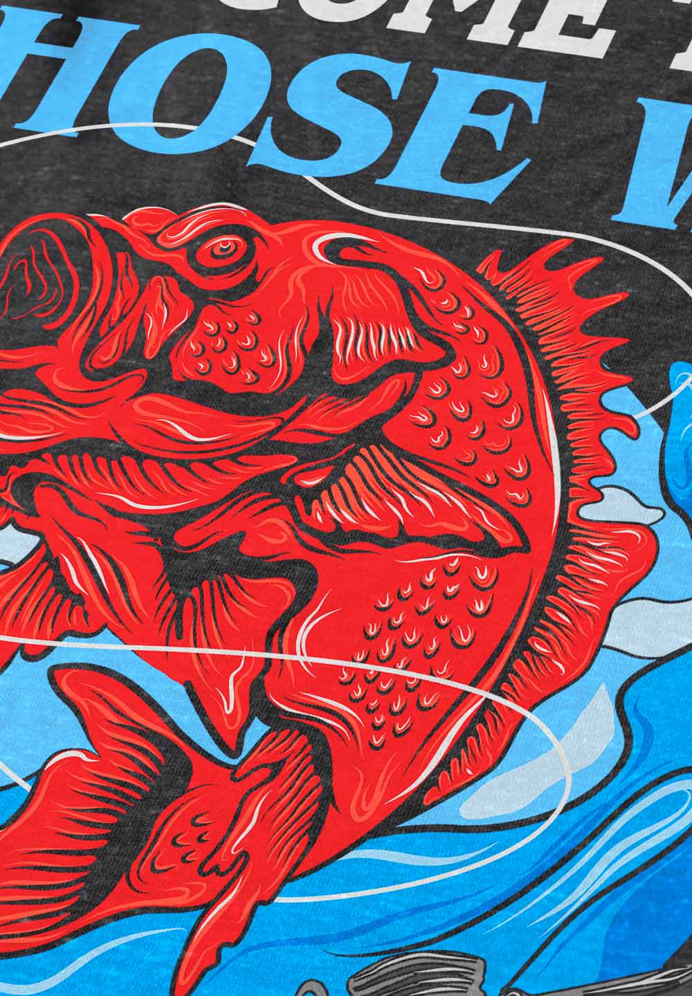 the graphic on this t-shirt includes a dynamic scene of a red fish, mid-bite on a hook, set against a blue watery background. above and around the fish are the words "good things come to those who bait," promoting a humorous yet motivational message for fishing enthusiasts.