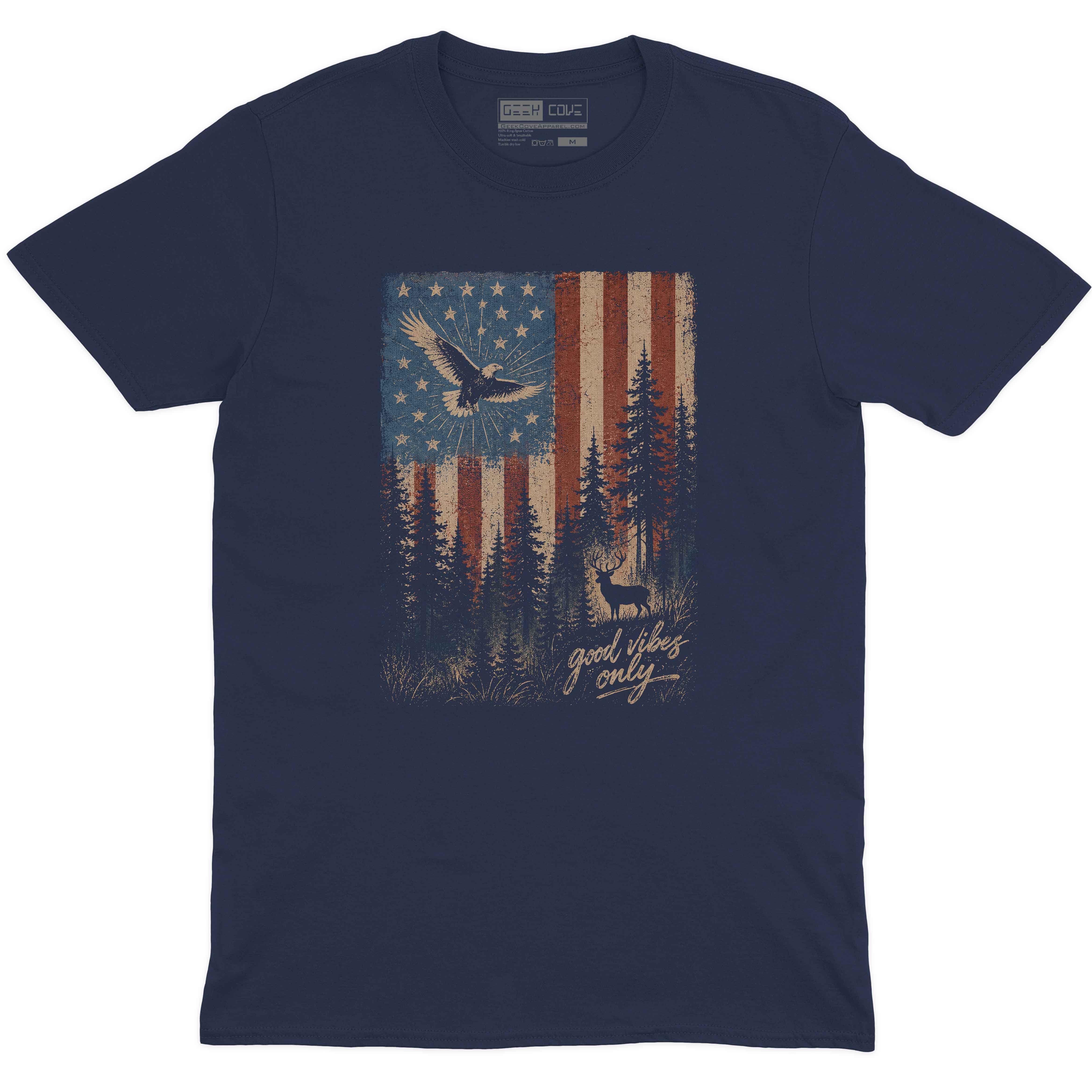 Patriotic Forest Good Vibes men’s crew neck tee in navy with American flag forest graphic