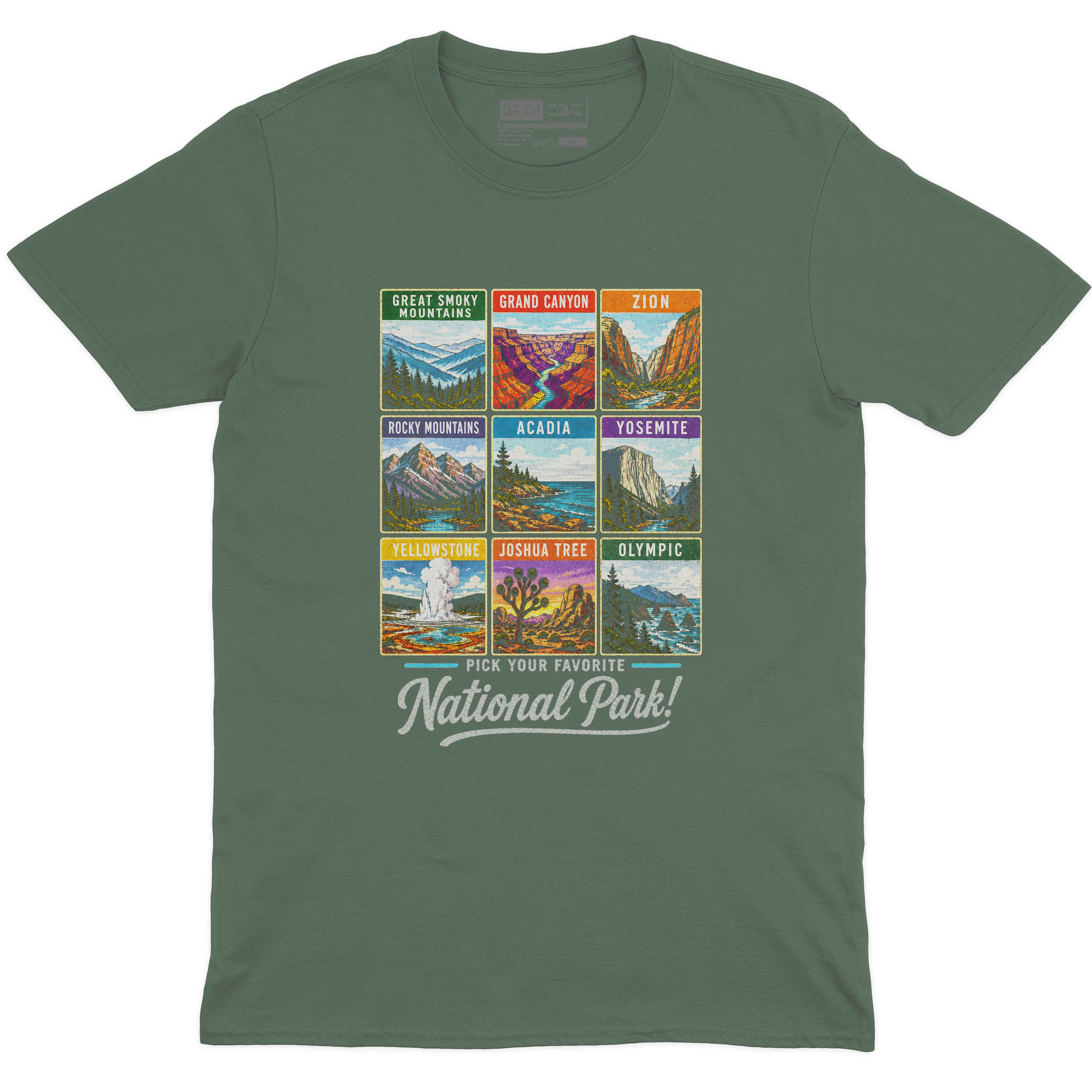 Men’s outdoor adventure T Shirt with colorful retro park poster grid design