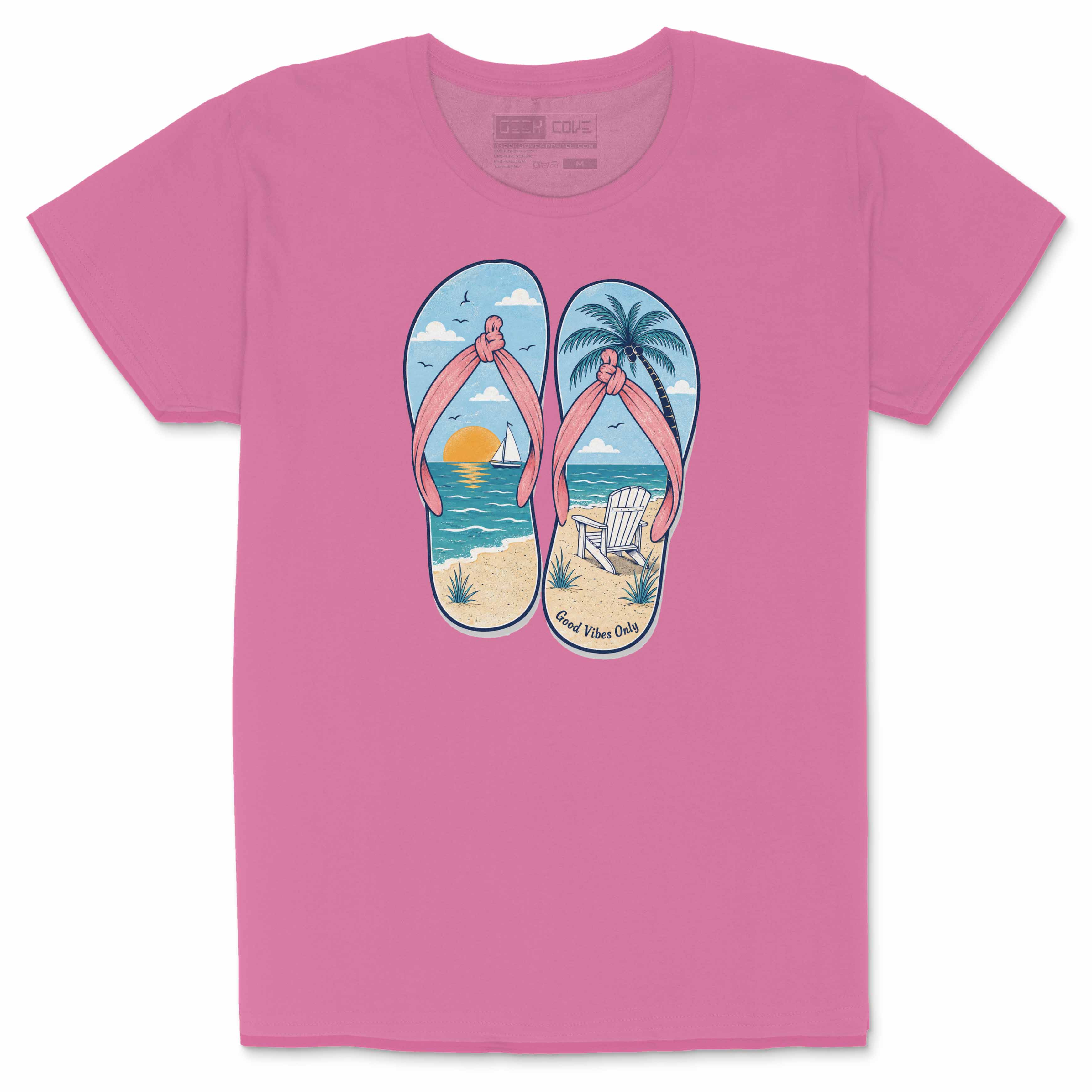 Women’s beach graphic tee with colorful flip flop design and Good Vibes Only coastal artwork