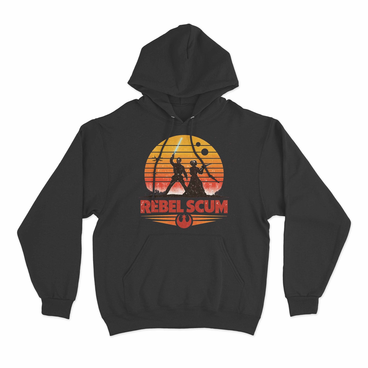 rebel scum graphic hoodie featuring retro sci fi inspired artwork