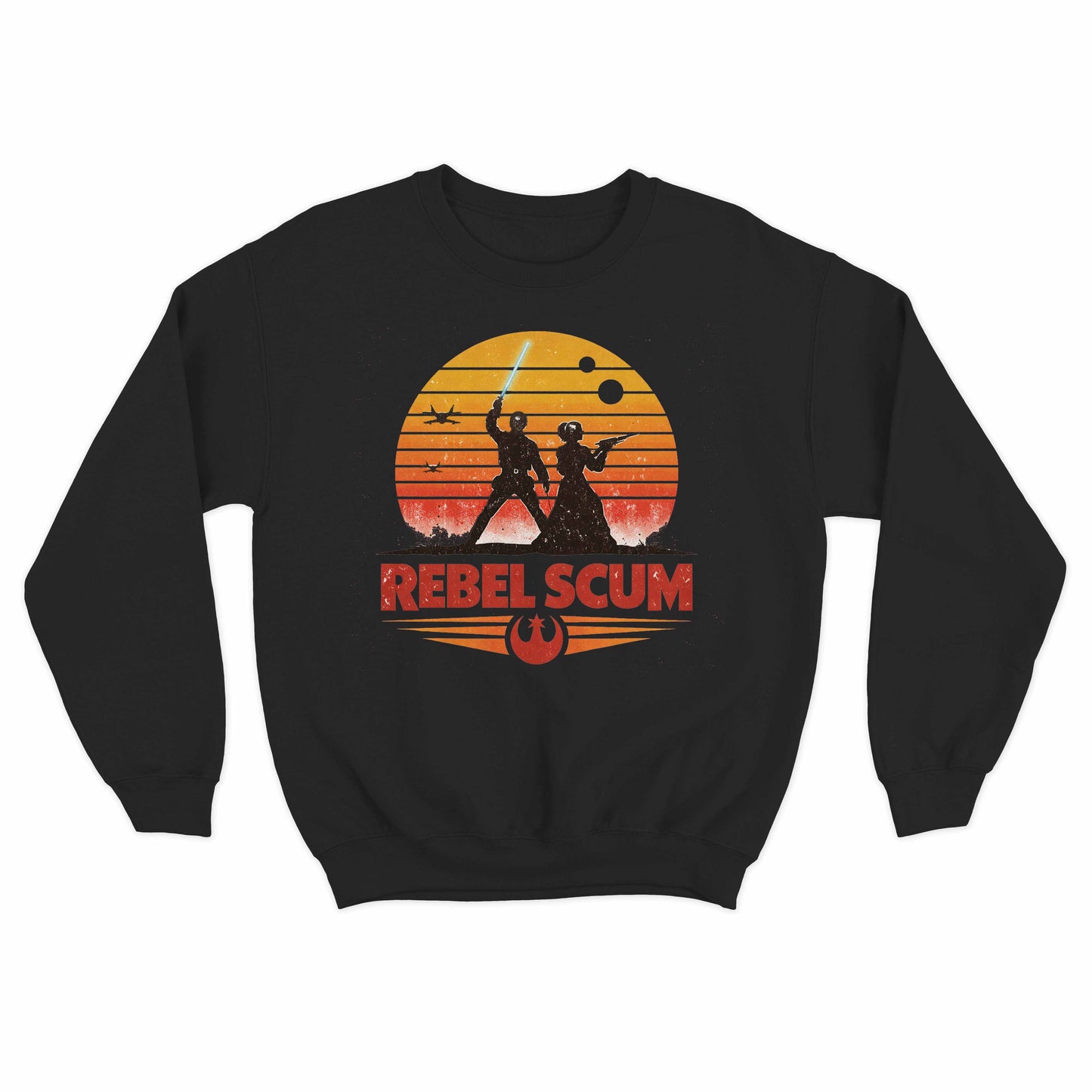 rebel scum graphic sweater featuring retro sci fi parody artwork