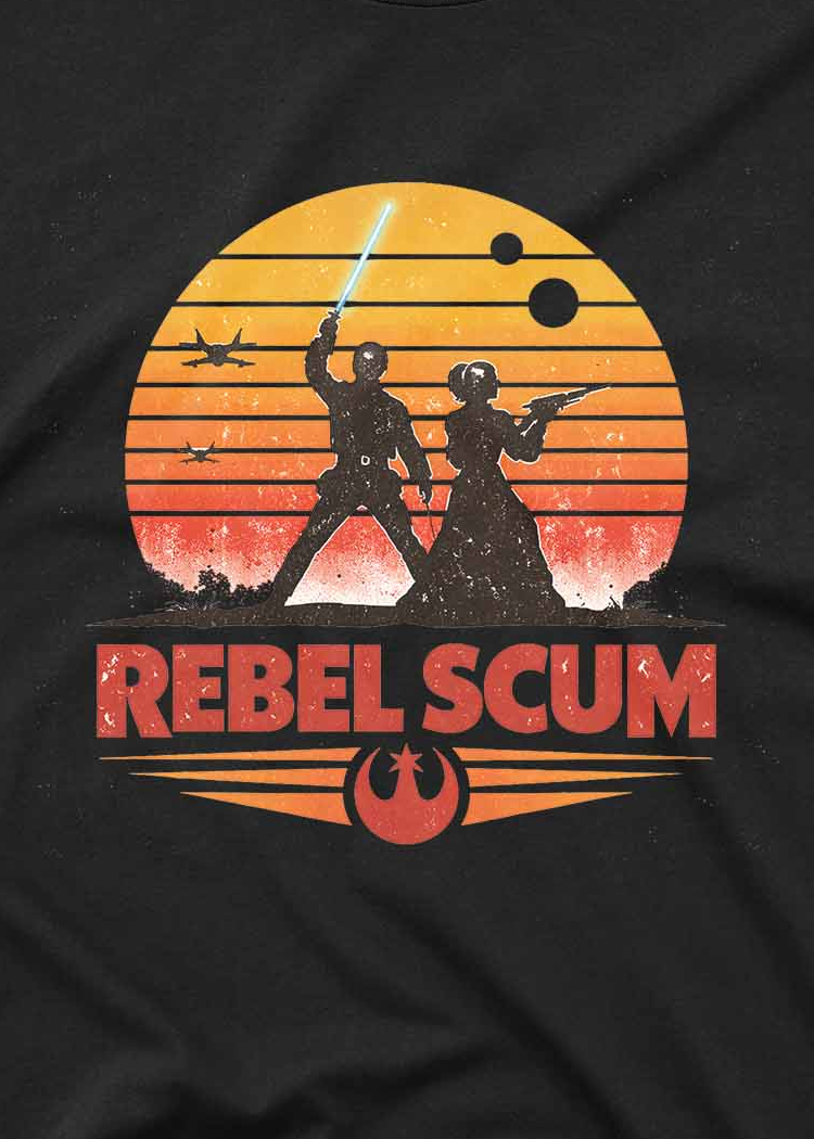 Rebel Scum graphic tee featuring retro sci fi sunset and heroic silhouettes