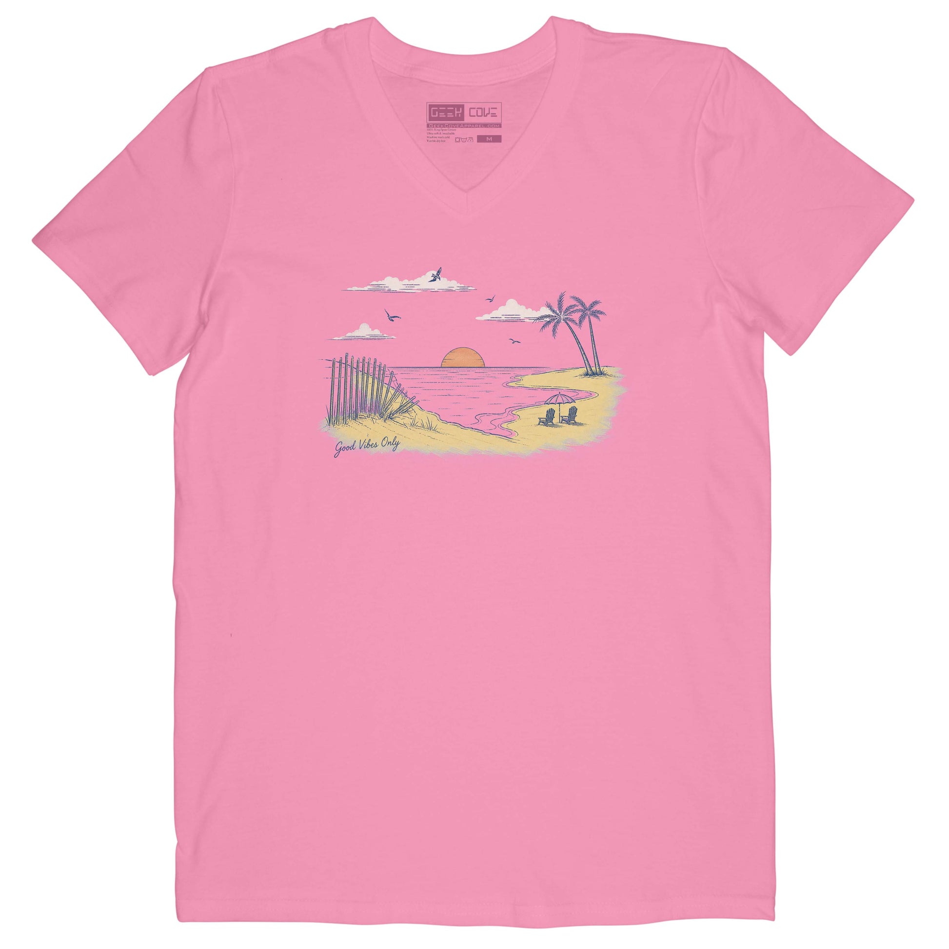 Women’s beach vacation V-neck tee with pastel coastal artwork and relaxing tropical vibes

