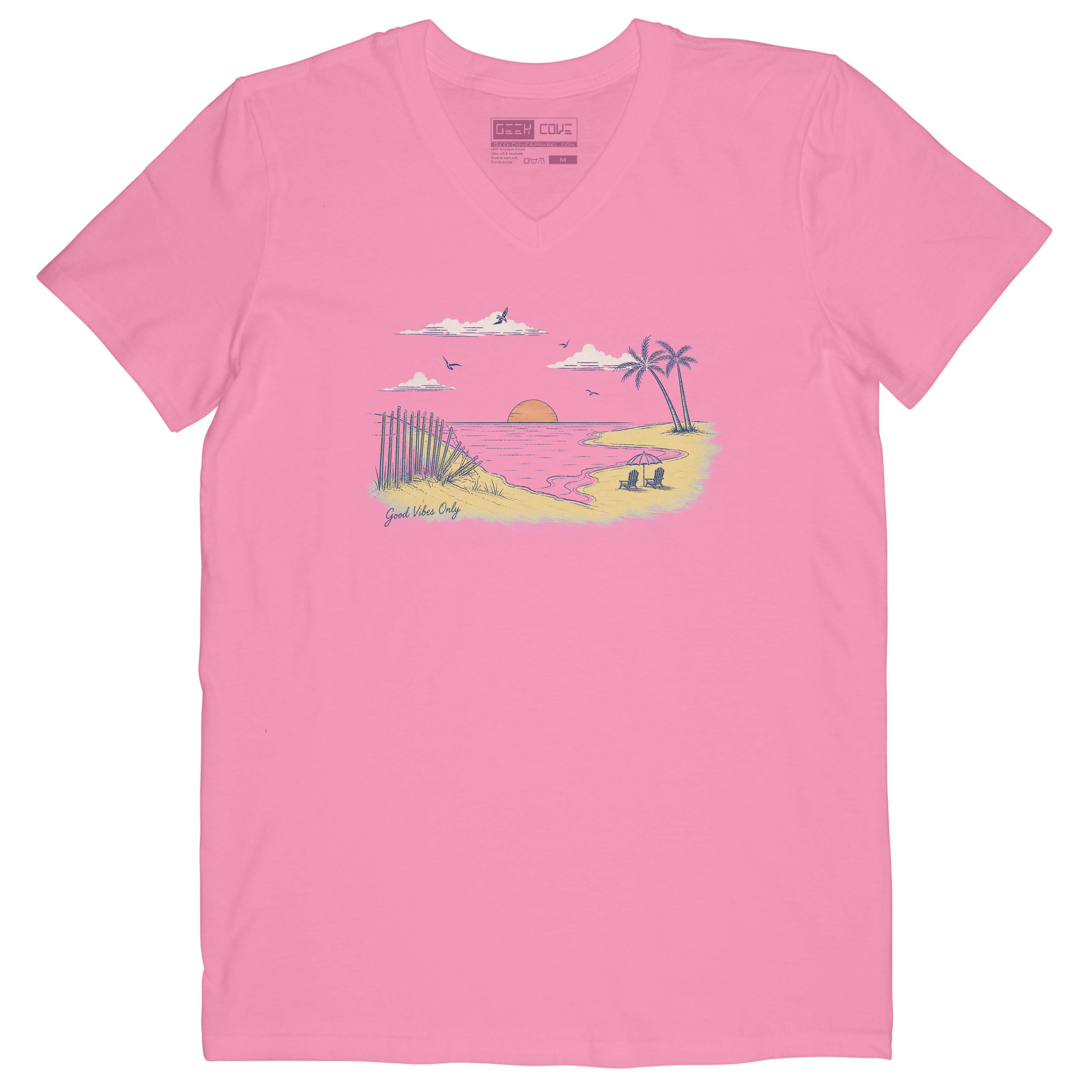 Women’s beach vacation V-neck tee with pastel coastal artwork and relaxing tropical vibes

