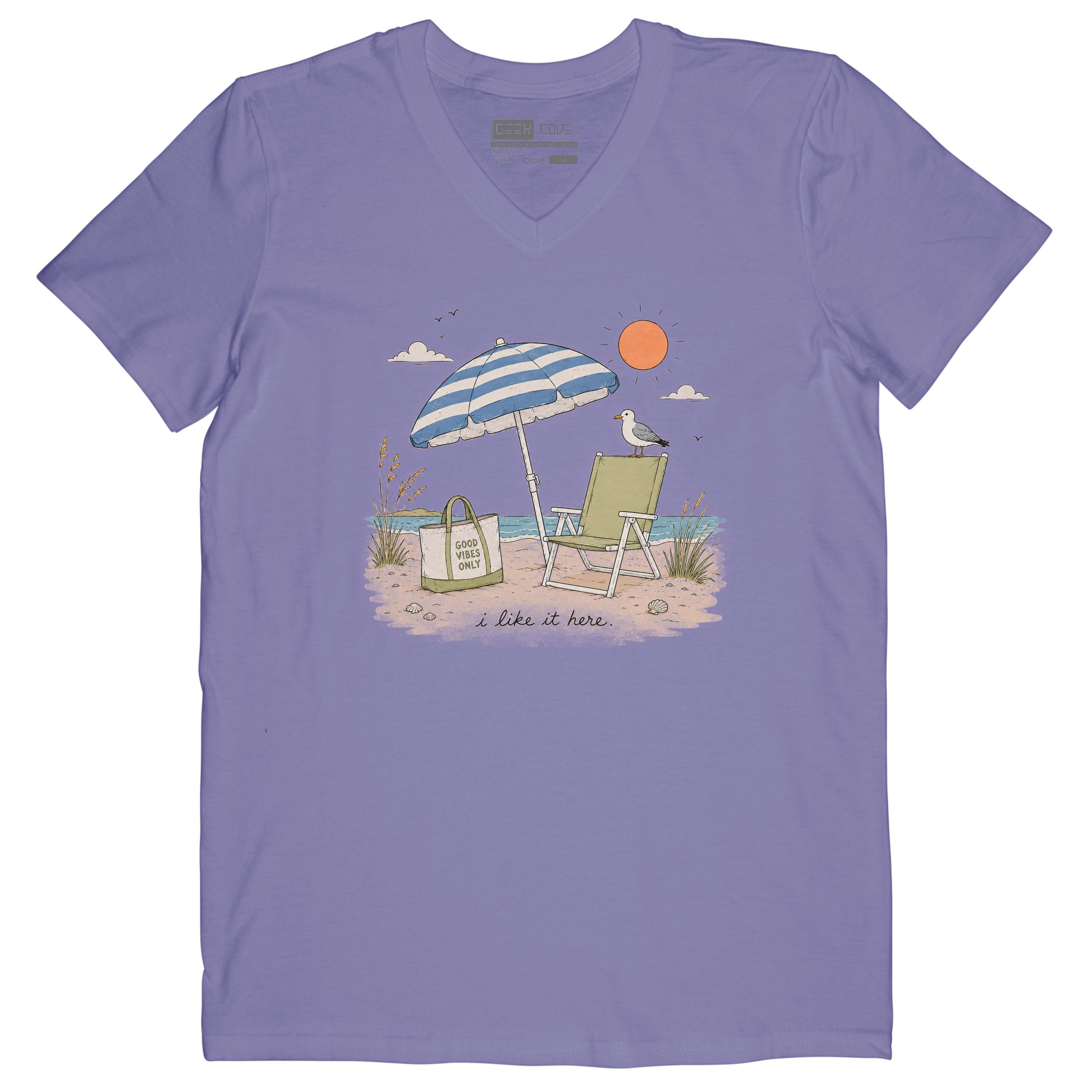Vintage inspired beach T Shirt for women with hand drawn umbrella, sun, ocean, and I like it here text.
