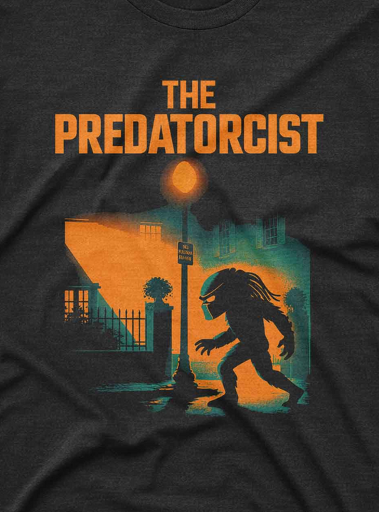 Custom graphic tee featuring Predator mashup artwork with vintage spooky scene