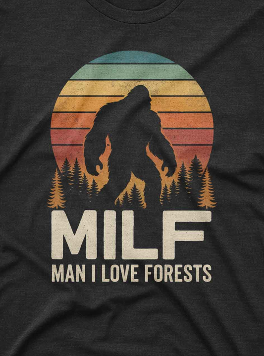 Custom graphic tee featuring Sasquatch silhouette and vintage forest print