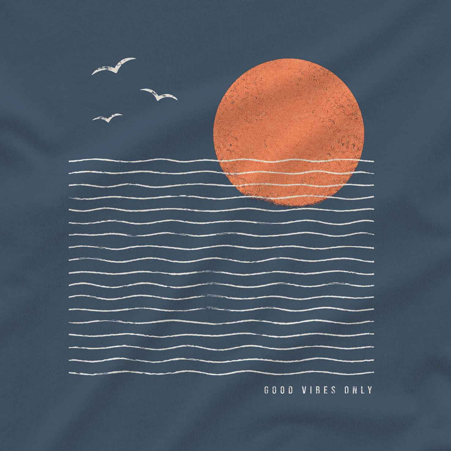 Vintage ocean wave T Shirt for men with orange sun, seagulls, and relaxed coastal design