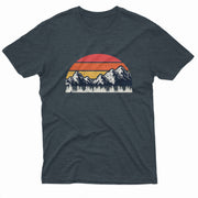 Dark gray t-shirt with a mountain graphic on a white background