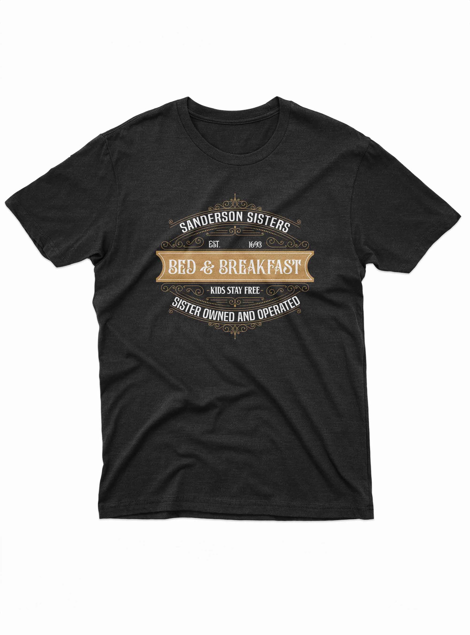 “Black Sanderson Sisters Bed & Breakfast graphic tee with vintage design and Halloween theme”