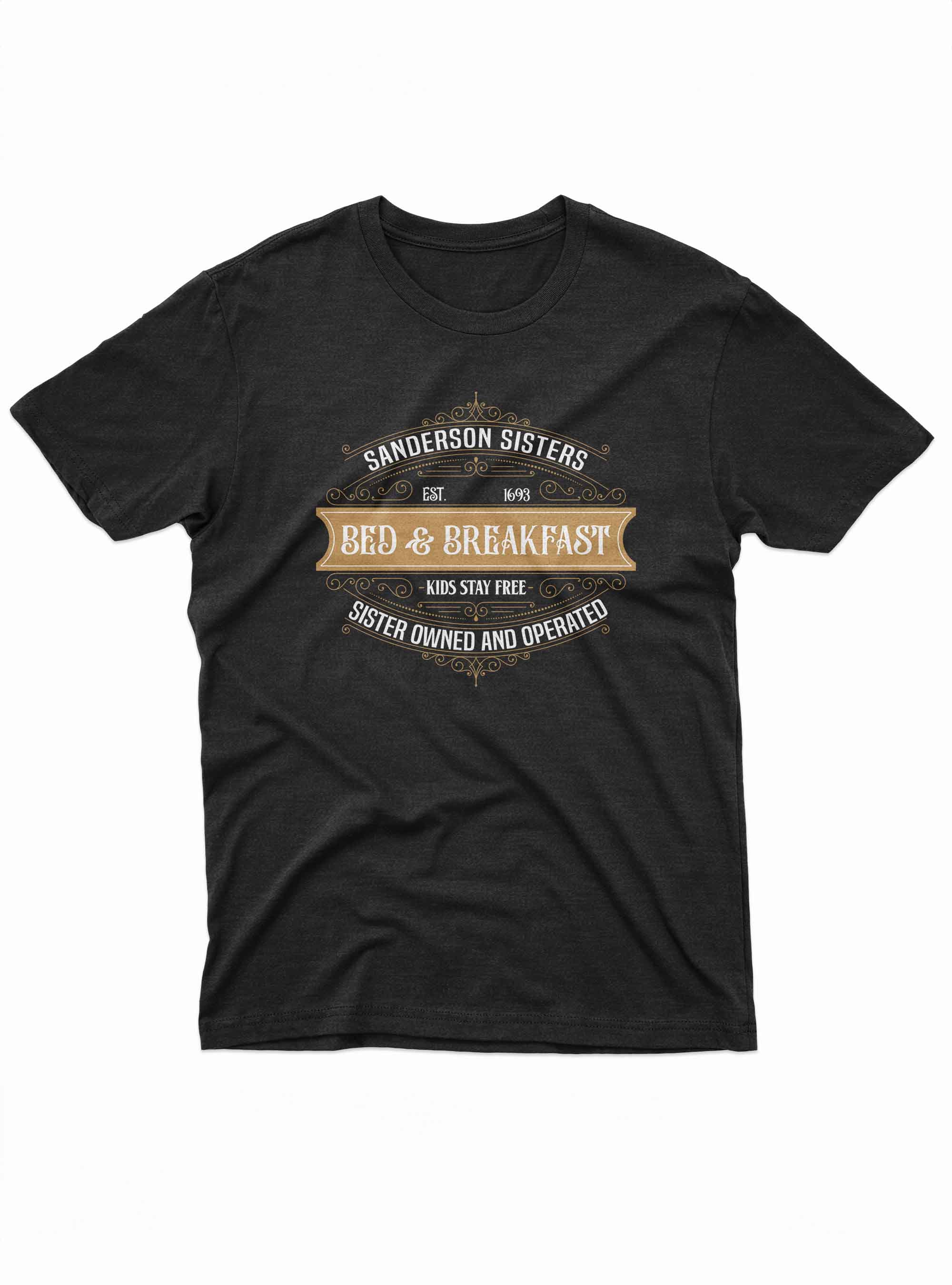 “Black Sanderson Sisters Bed & Breakfast graphic tee with vintage design and Halloween theme”