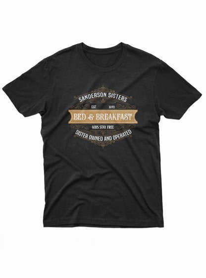“Black Sanderson Sisters Bed & Breakfast graphic tee with vintage design and Halloween theme”