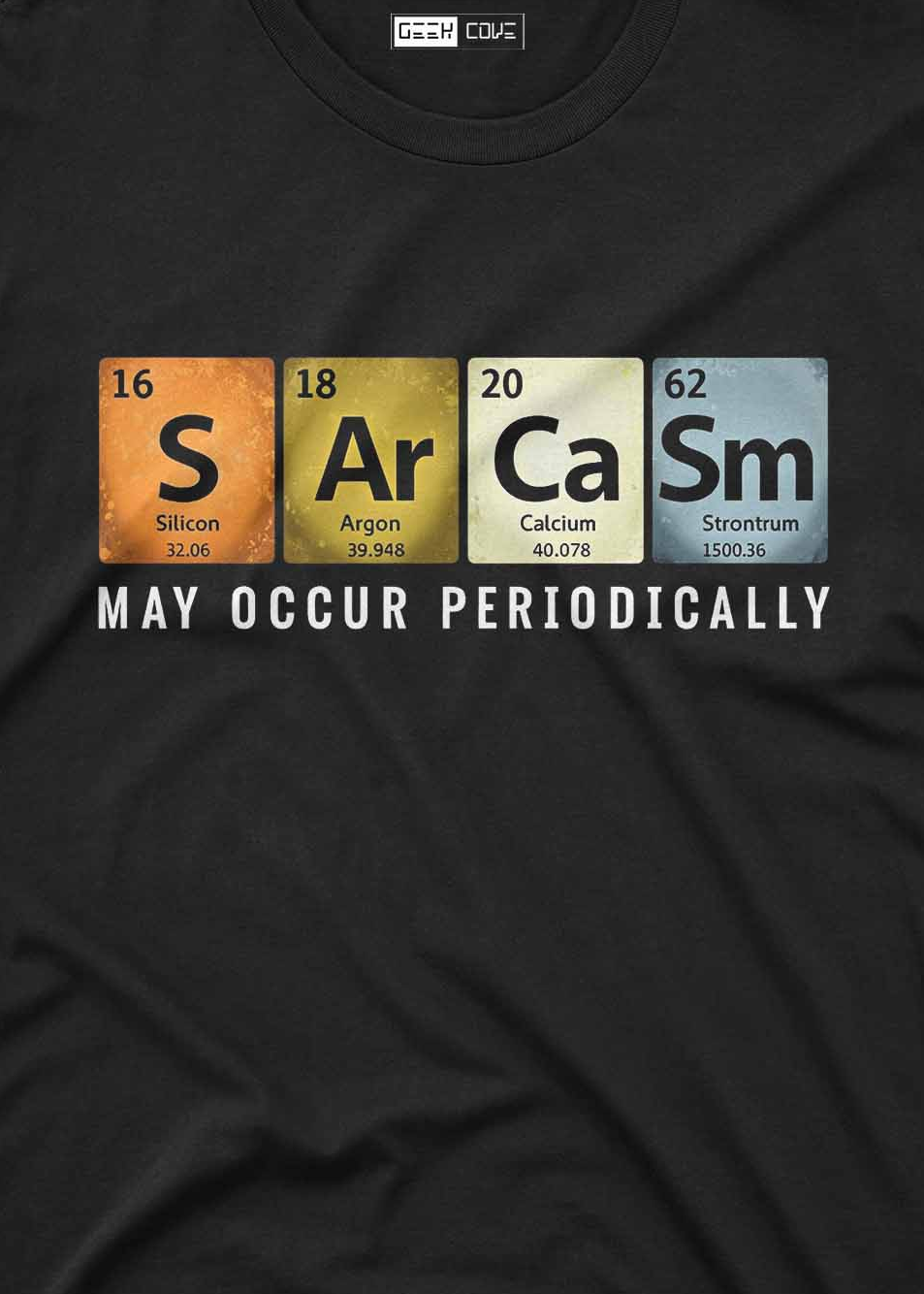 Sarcasm graphic tee featuring periodic table elements spelling sarcasm