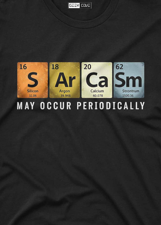 Sarcasm graphic tee featuring periodic table elements spelling sarcasm