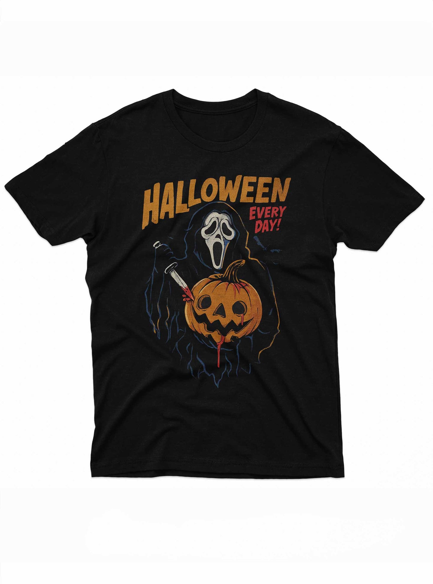black t-shirt featuring a scary ghostface character holding a bloody knife, stabbing a carved jack-o’-lantern pumpkin, with bold orange and red text that reads “halloween every day!” in a horror-themed font.