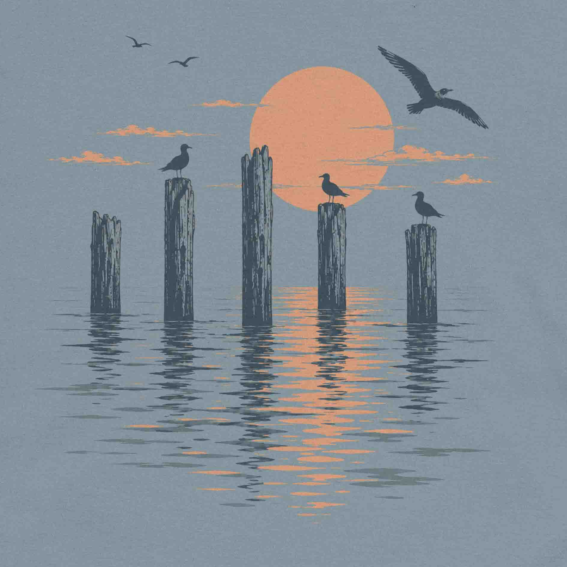 Relaxed coastal tee shirt showing birds, waves, wooden pier posts, and sunset