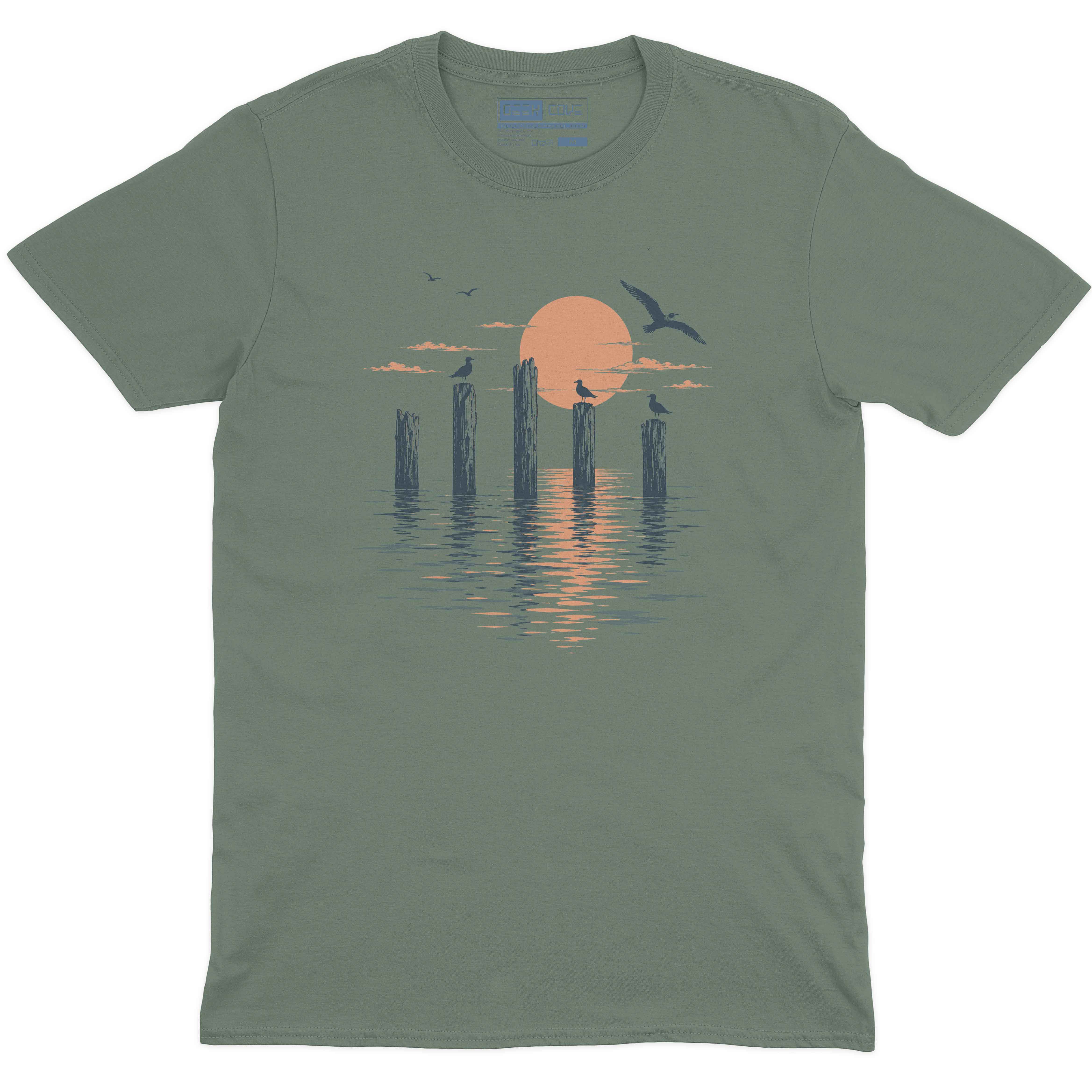 Men’s custom T shirt with ocean sunset artwork and peaceful seaside reflections
