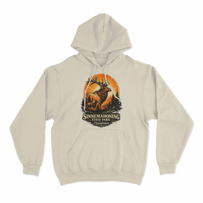 Unisex hoodie featuring a vintage Sinnemahoning State Park elk graphic