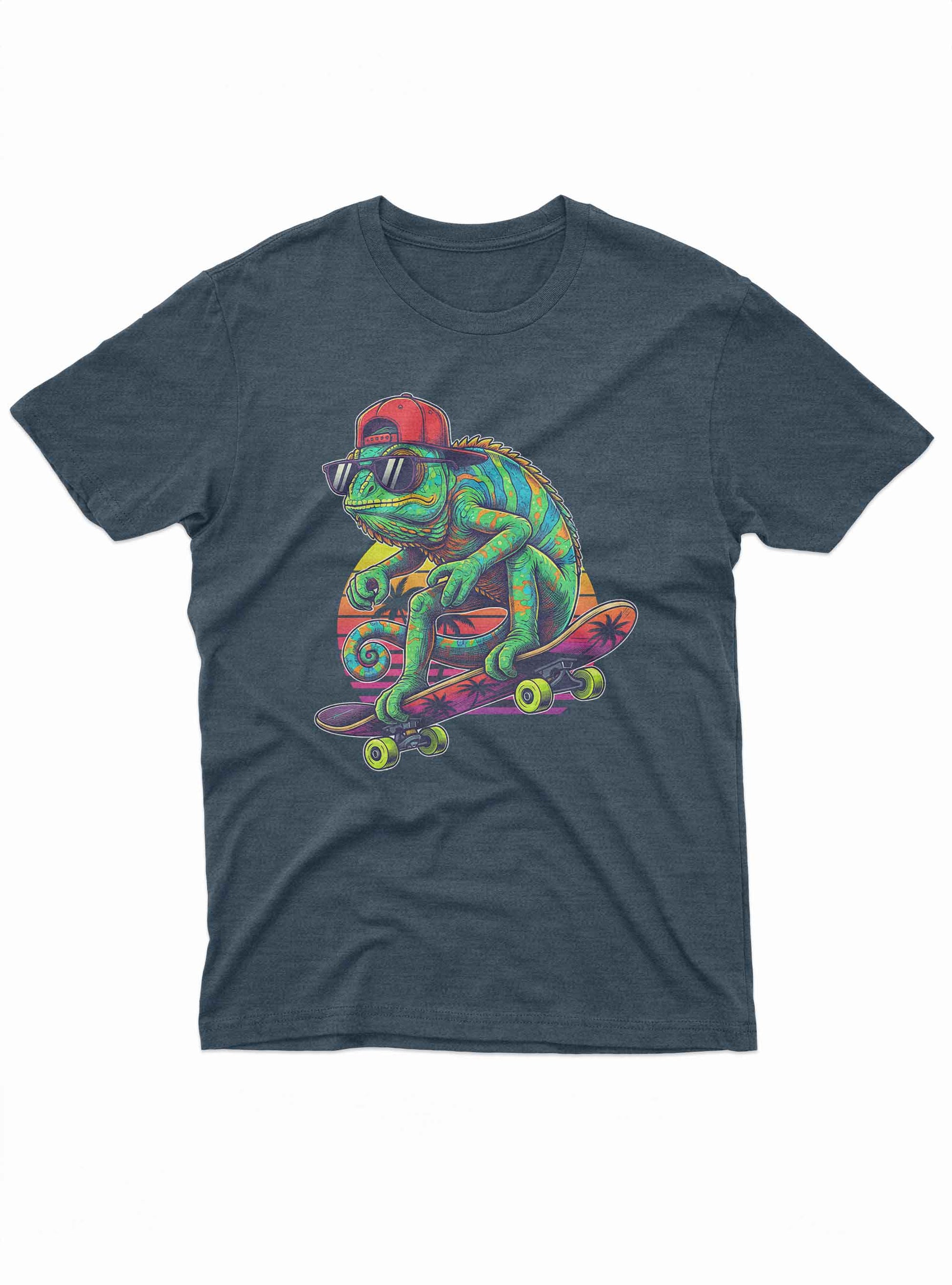 Skater iguana t shirt with colorful lizard wearing sunglasses and cap on skateboard