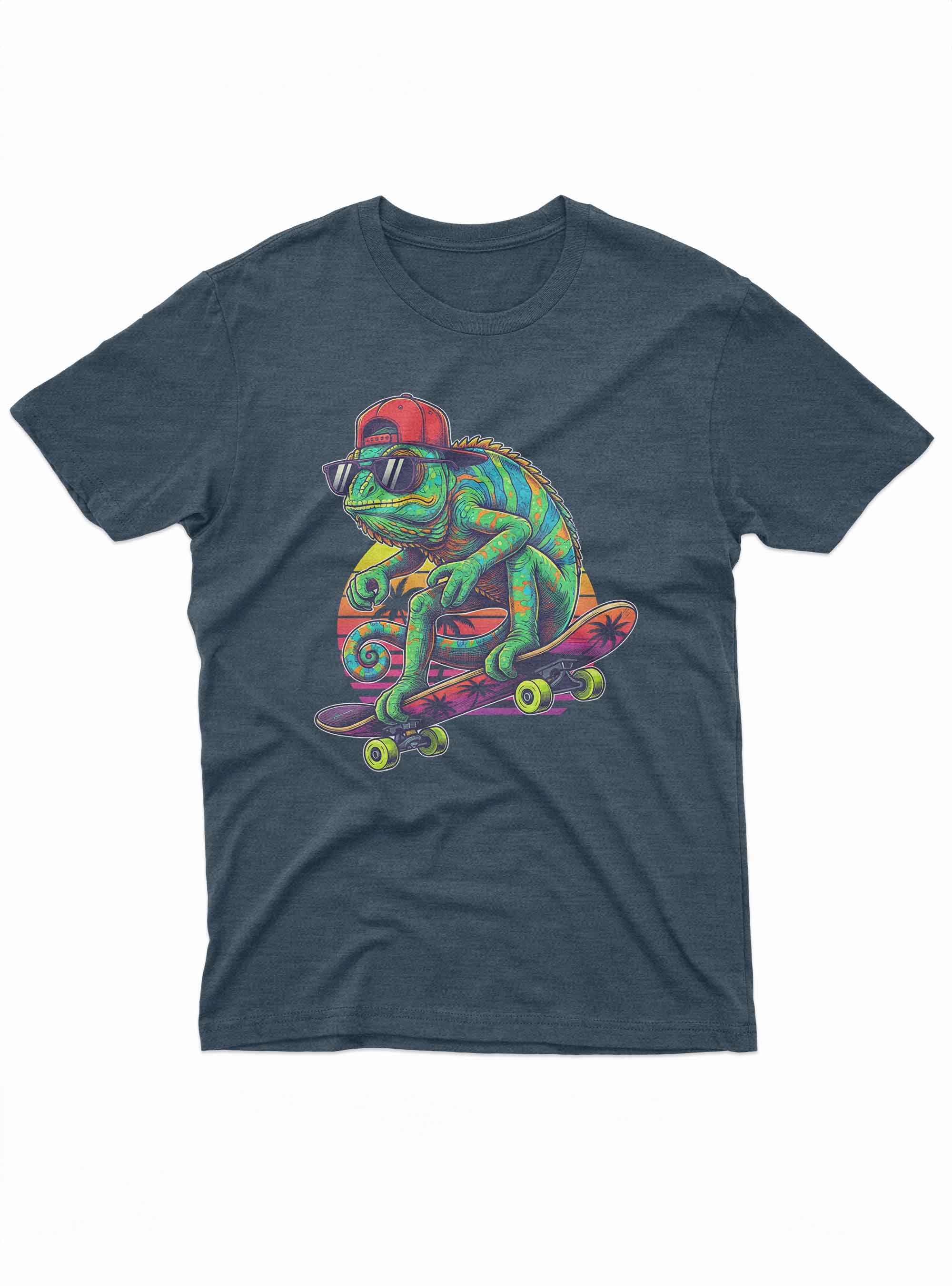 Skater iguana t shirt with colorful lizard wearing sunglasses and cap on skateboard
