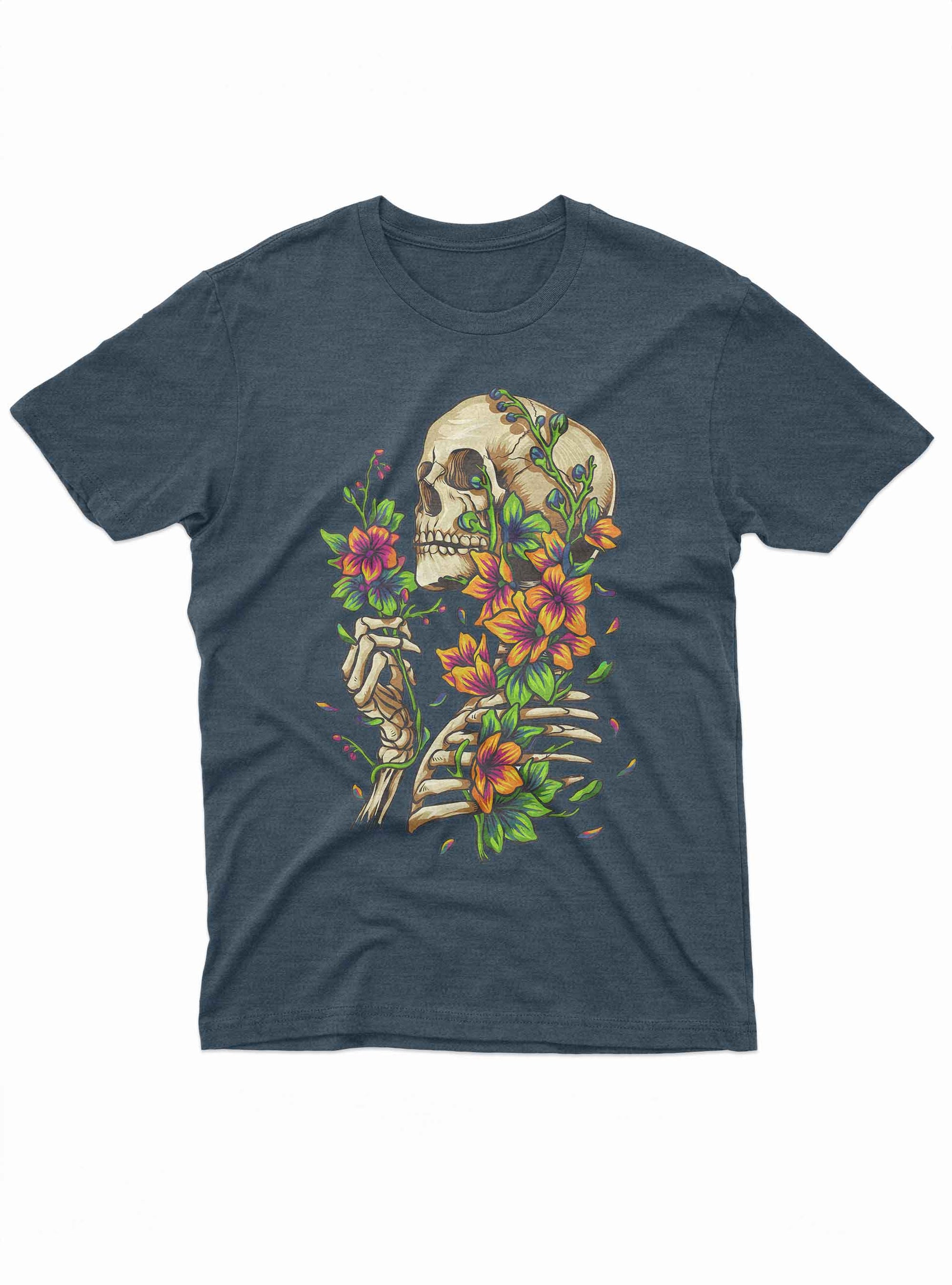 Skeleton holding flowers surrounded by floral artwork graphic t shirt