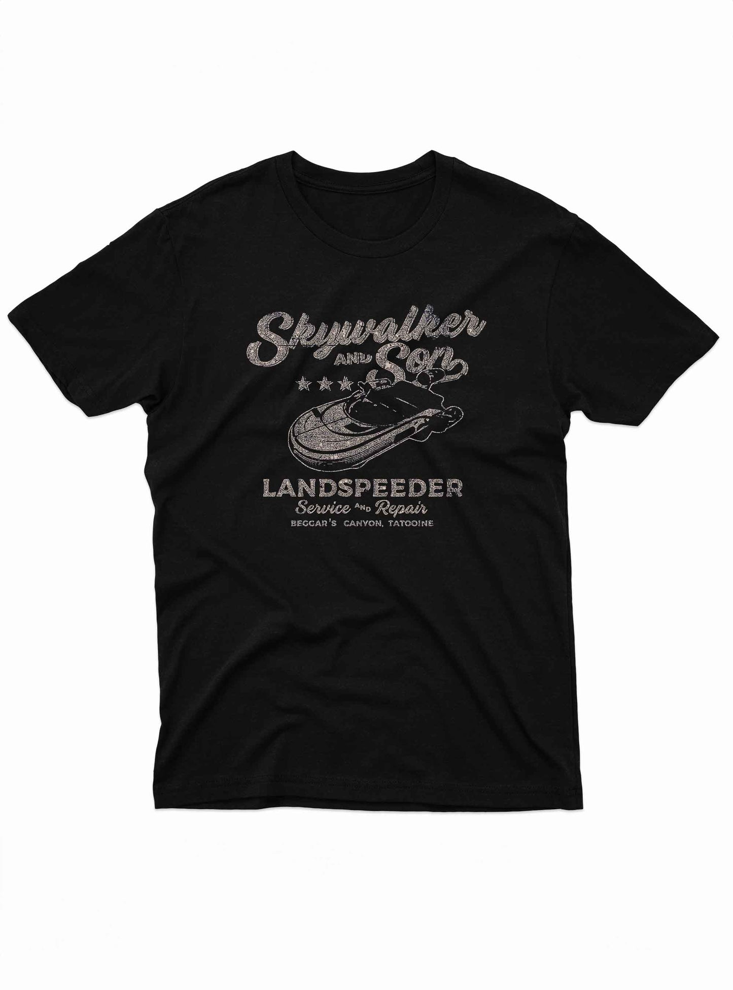 black t-shirt featuring a distressed, vintage-style print that reads “skywalker and son landspeeder service & repair.”