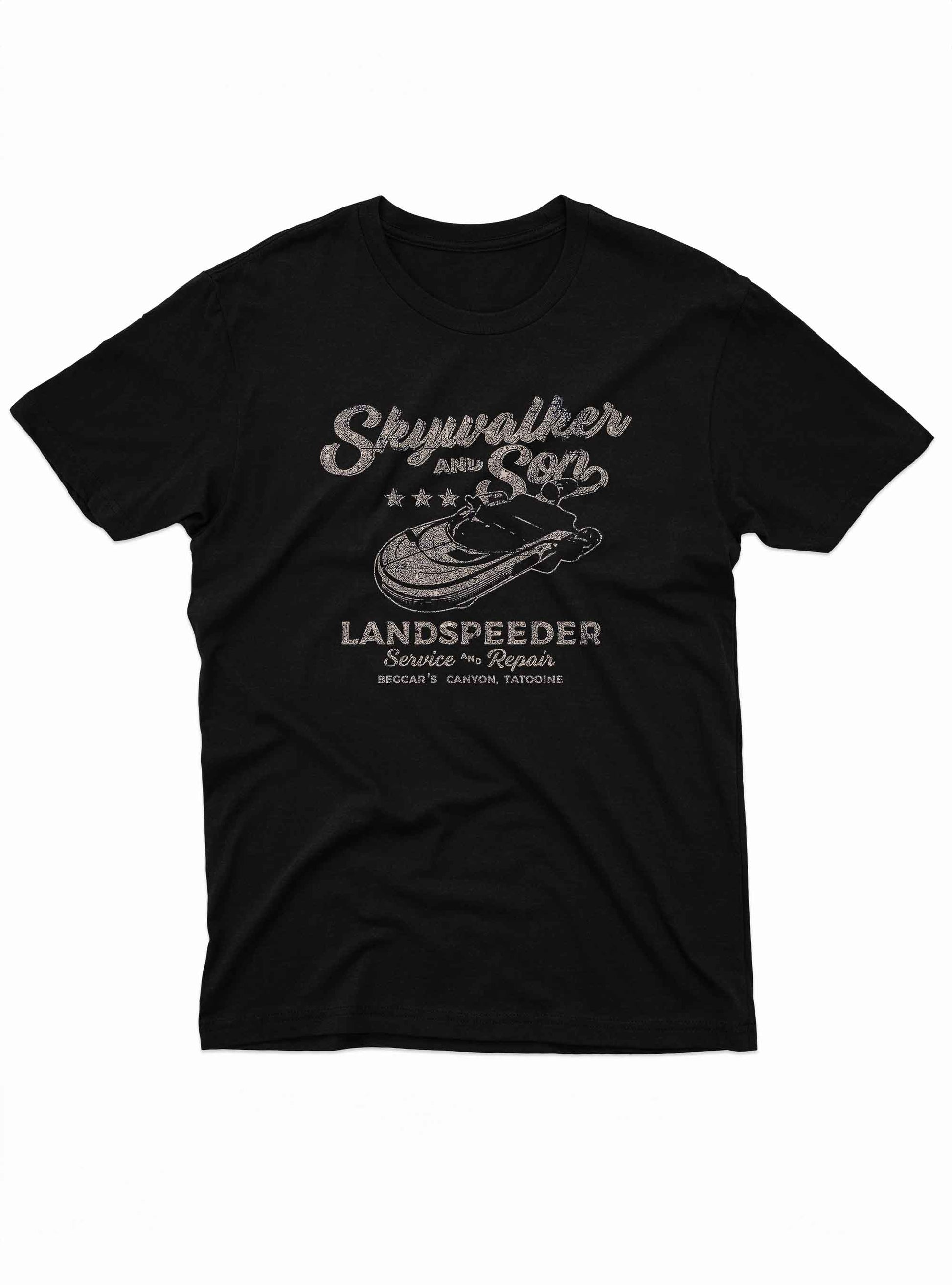 Black t-shirt featuring a distressed, vintage-style print that reads “Skywalker and Son Landspeeder Service & Repair.”