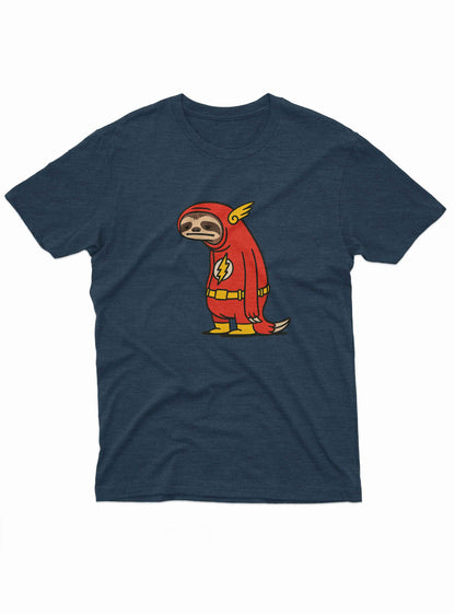The sloth’s costume mimics the Flash, with a lightning bolt on the chest and winged helmet.