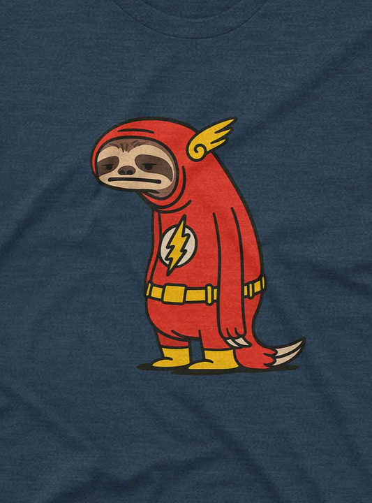 The sloth appears tired and sluggish, adding irony to the fast superhero attire.