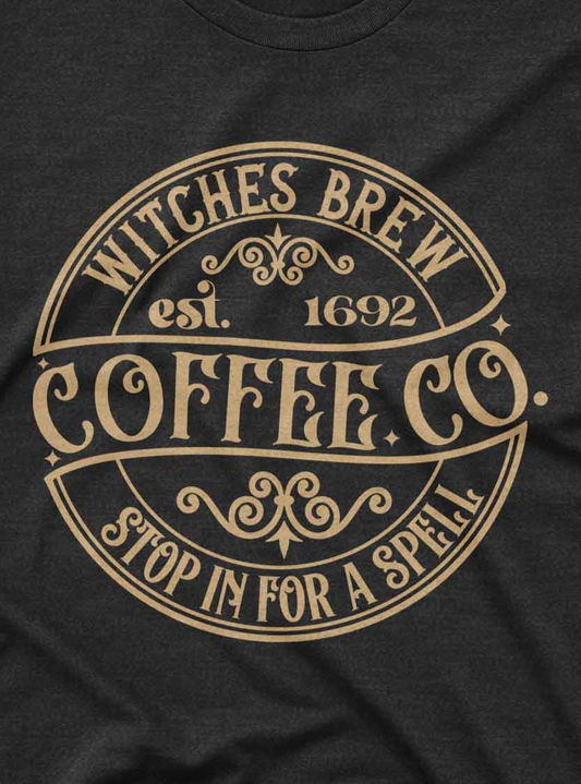 Custom tee shirt featuring Halloween-inspired coffee graphic and gothic lettering