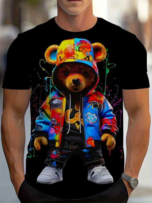 Men's black T-shirt featuring a teddy bear dressed in a colorful graffiti jacket, complete with urban-inspired art details.