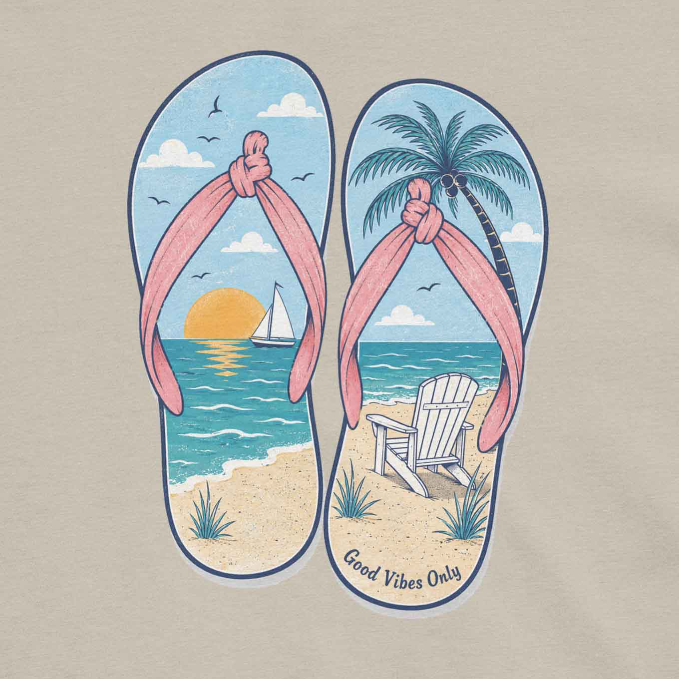 Vacation-inspired women’s tee shirt with flip flop artwork and Good Vibes Only beach message