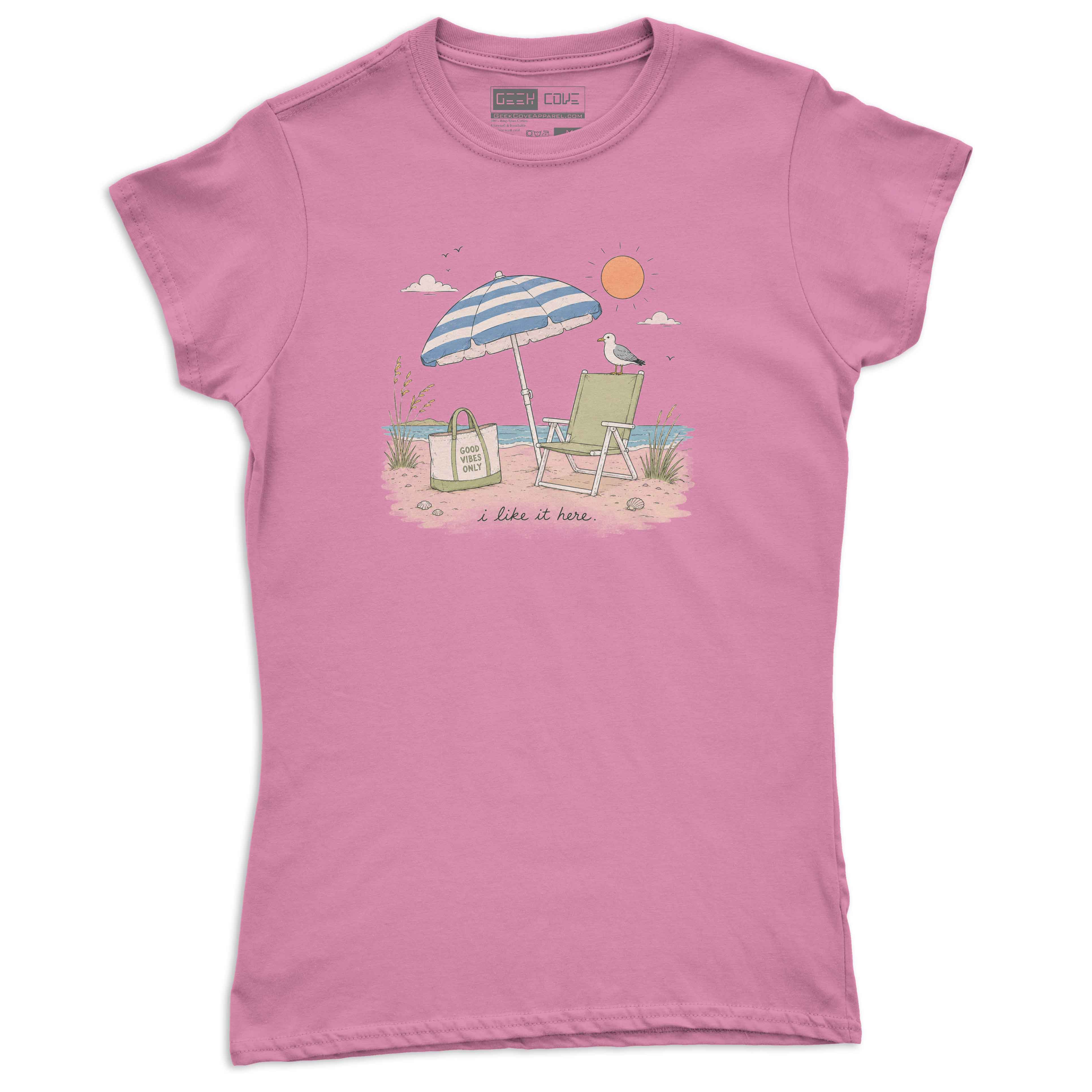 Summer vacation T Shirt with minimalist coastal beach scene, seagull, sun, and relaxed phrase.