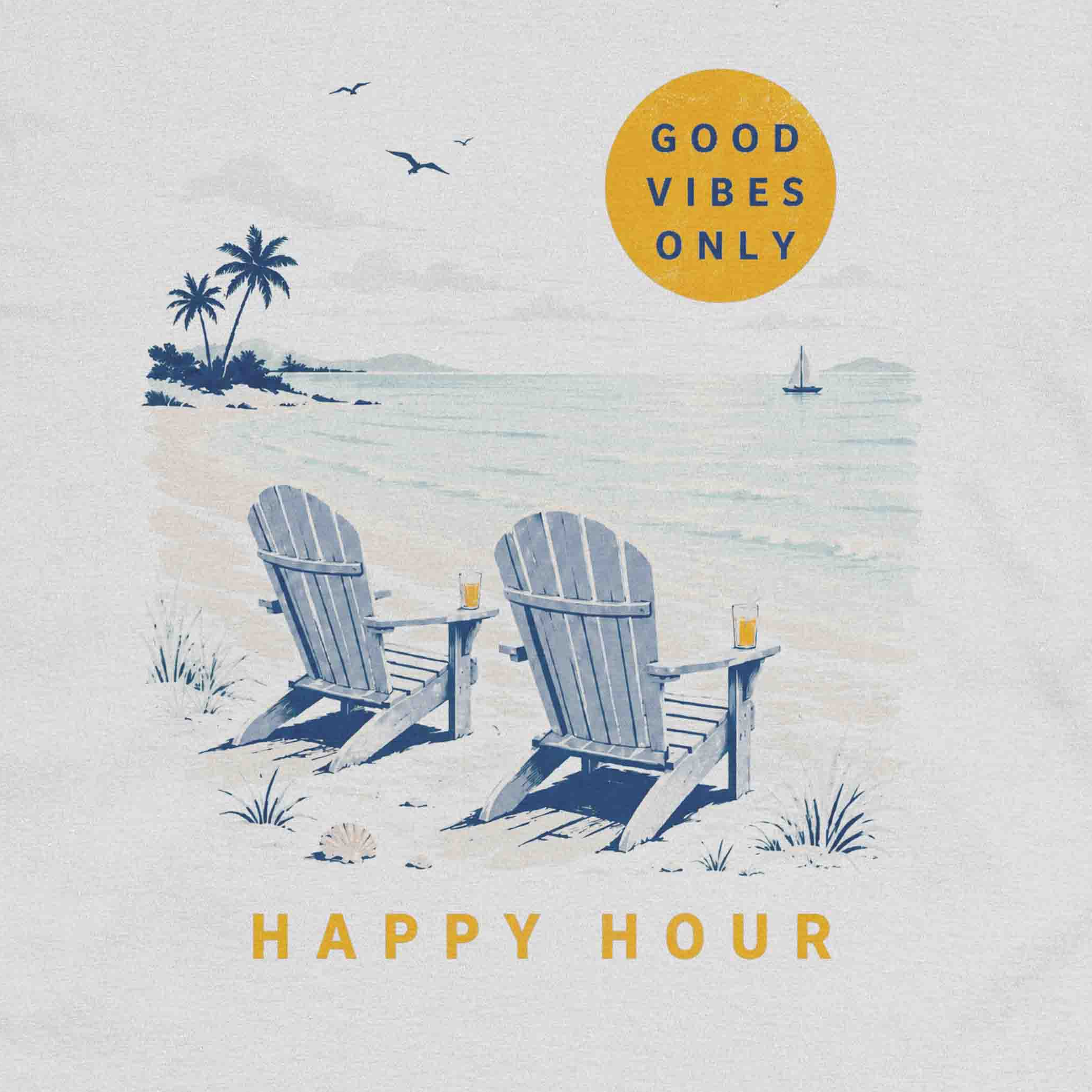 Light blue graphic tee showing peaceful ocean waves, beach chairs, and summer Happy Hour design