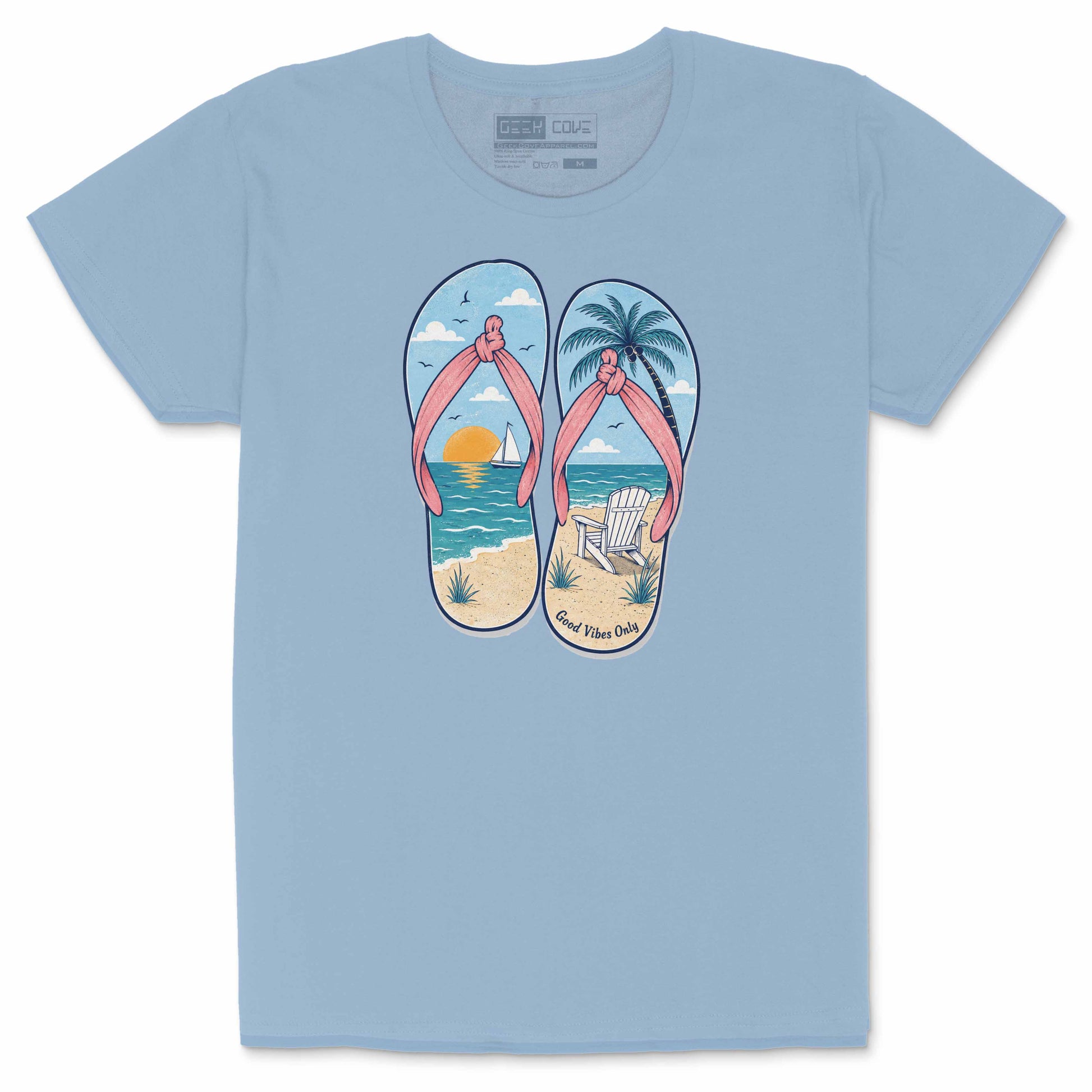Custom t shirt for women featuring flip flops with ocean waves, palm tree, sunset, and beach scene art