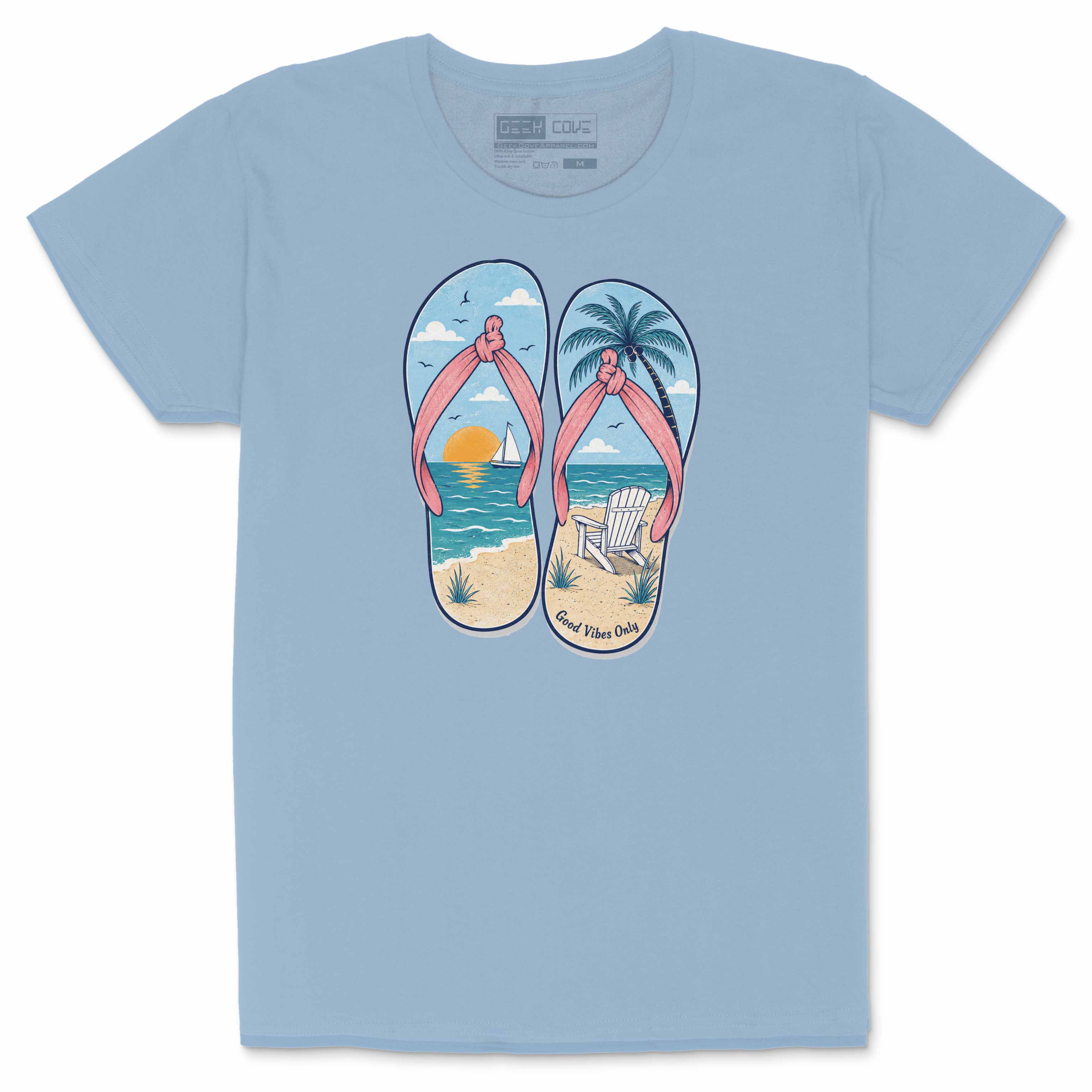 Custom t shirt for women featuring flip flops with ocean waves, palm tree, sunset, and beach scene art