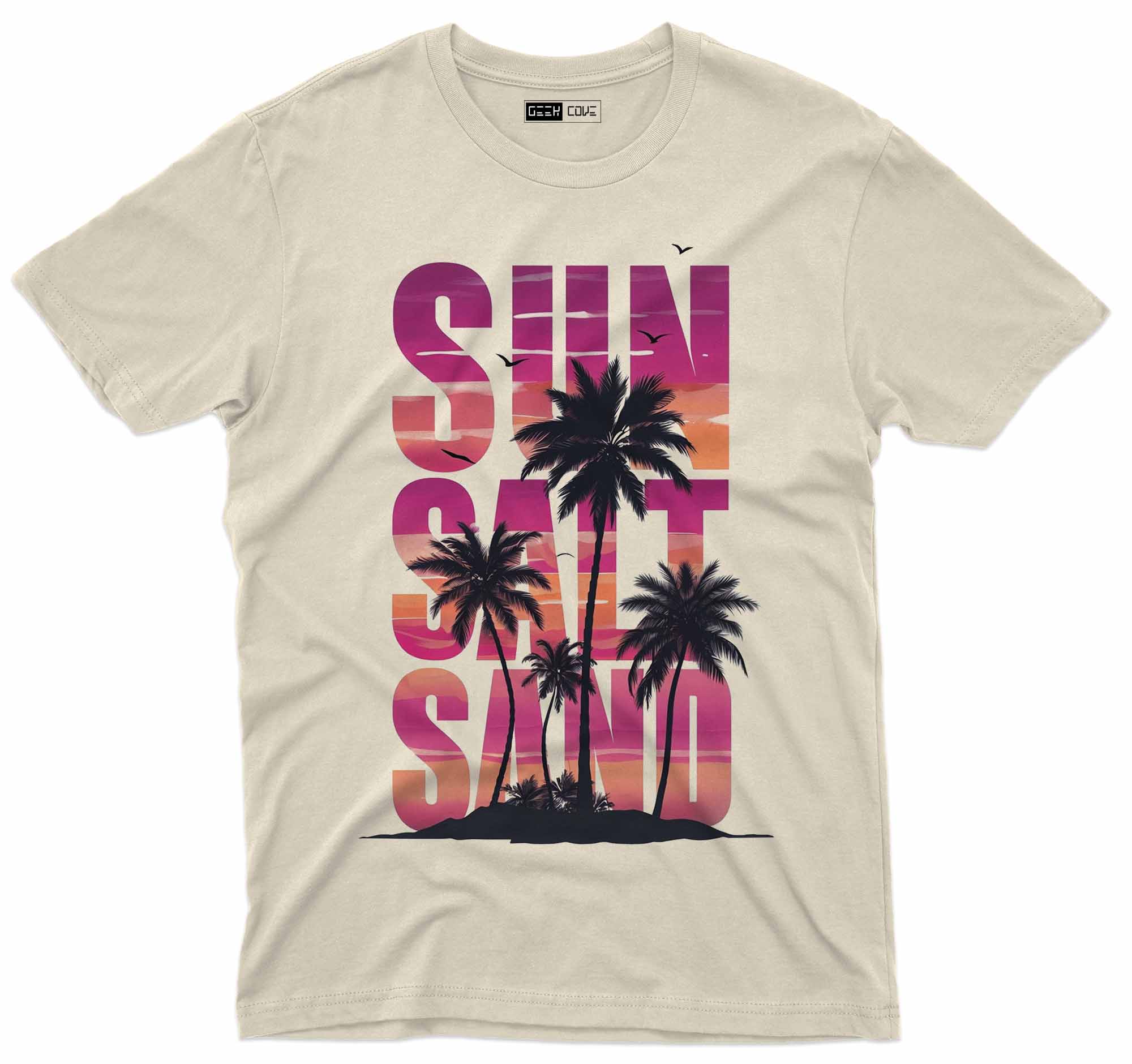 Unisex graphic tee featuring Sun Salt Sand text with palm trees and sunset