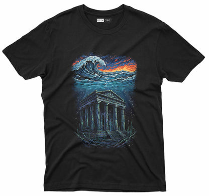 Ocean wave graphic tee with underwater ancient temple