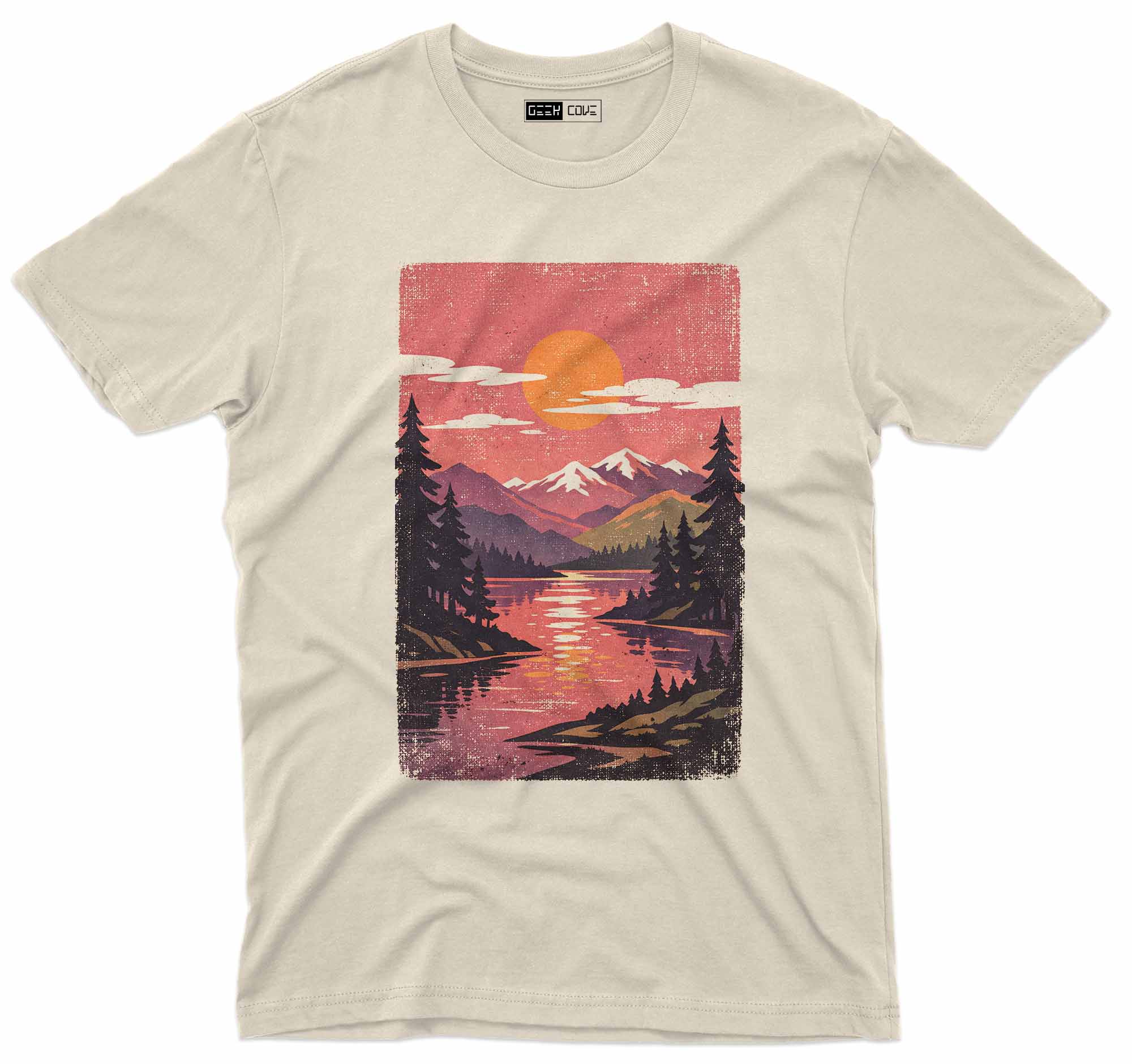 Unisex graphic tee featuring sunset mountains reflected in calm lake waters