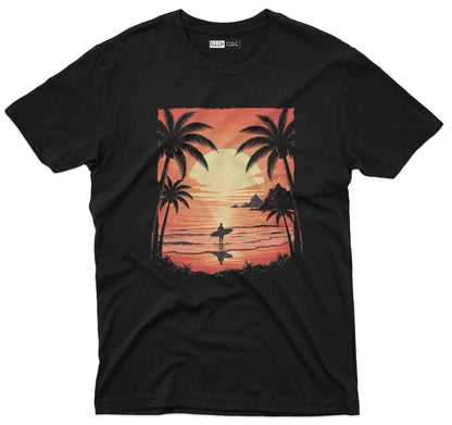 Men's Black Sunset Surfer Graphic Tee, Custom T Shirts, Beachwear