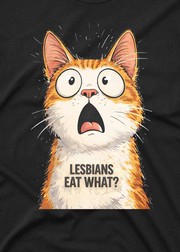 Humor cat t shirt featuring surprised expression and bold custom inks