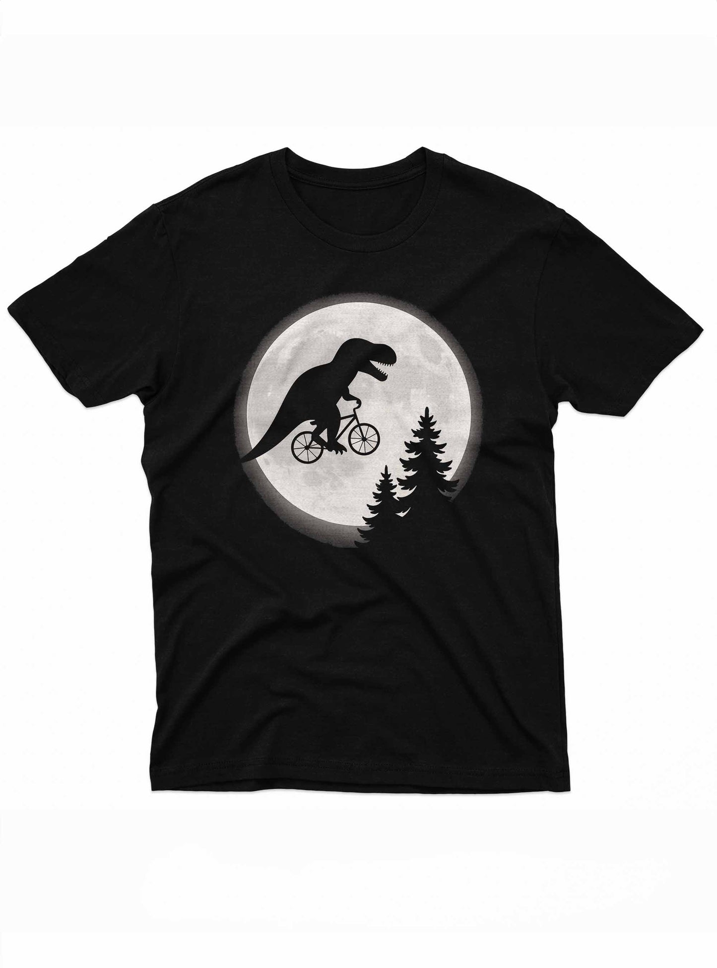 graphic tee showing a roaring t-rex humorously cycling across the night sky like the iconic e.t. scene