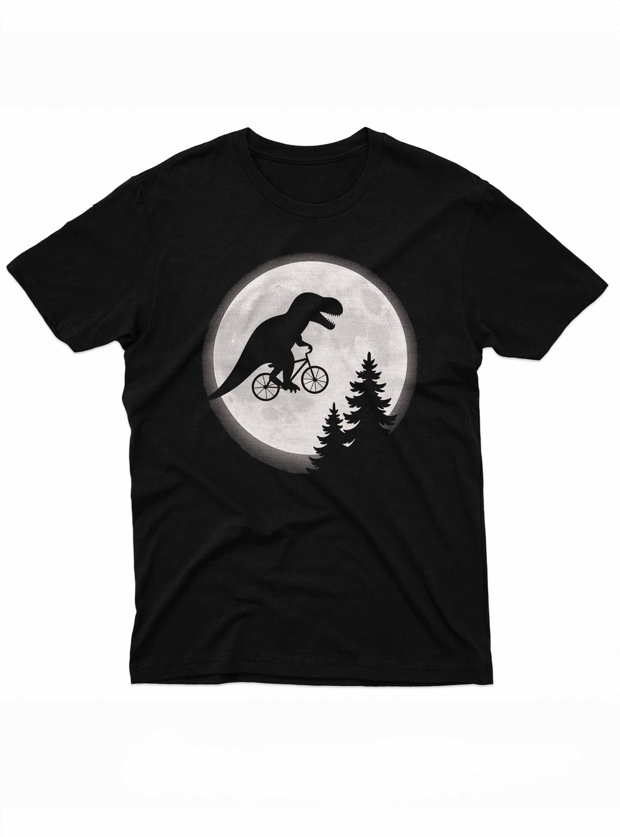 Graphic tee showing a roaring T-Rex humorously cycling across the night sky like the iconic E.T. scene