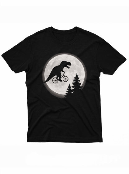 Graphic tee showing a roaring T-Rex humorously cycling across the night sky like the iconic E.T. scene
